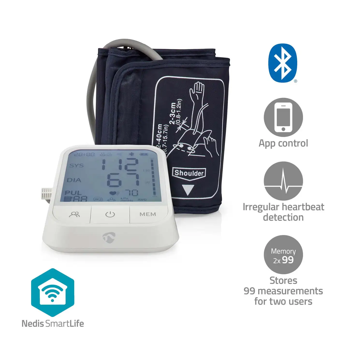 Nedis SmartLife Verenpainemittari  Käsi  Bluetooth  LCD-näyttö  22 - 42 cm  Epäsäännöllisen sydämenlyönnin havaitseminen / Mansetin käytön tunnistus / Pysy paikallasi -ilmaisu  Valkoinen - 6