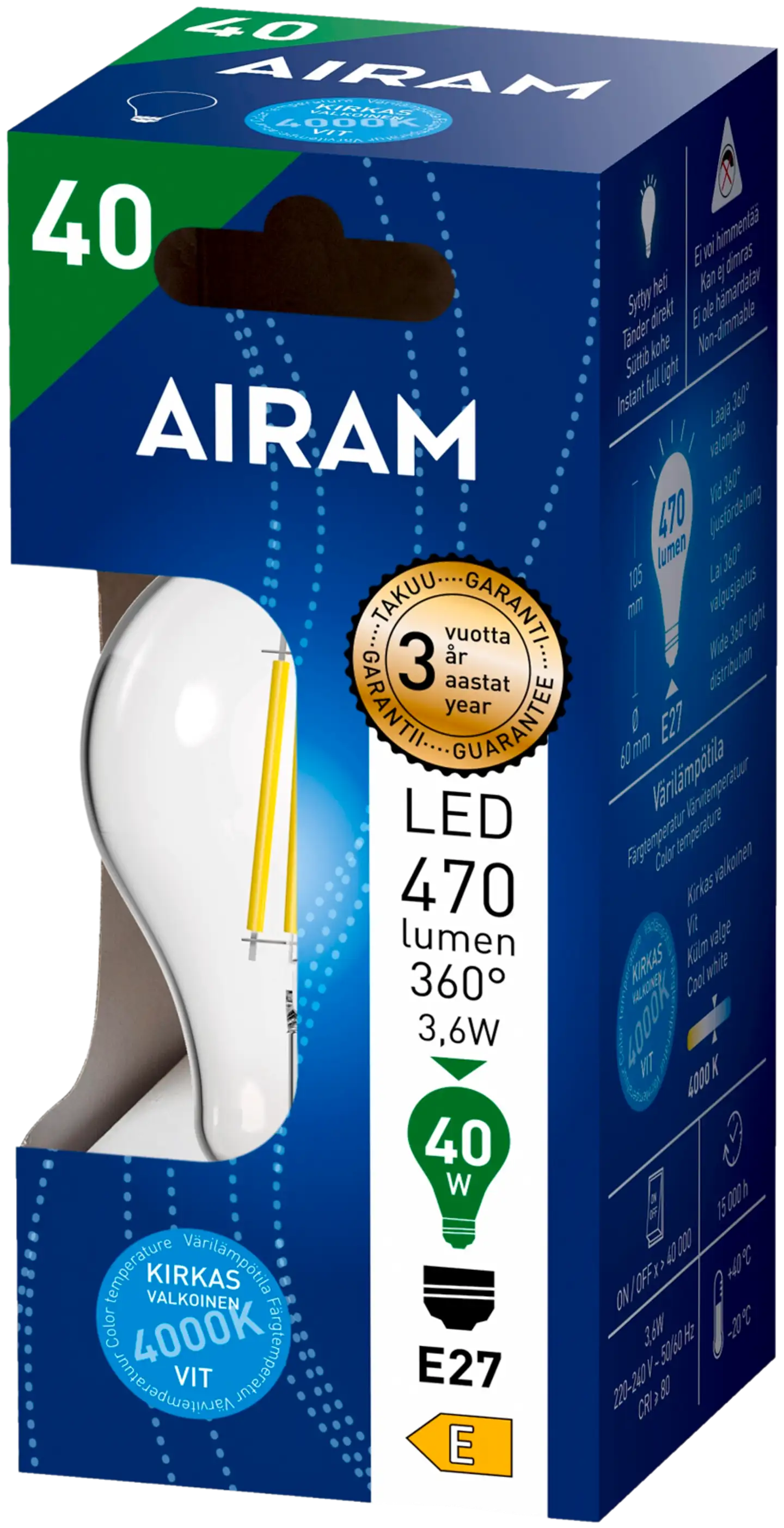 Airam LED Vakio 3,6W 470lm 4000K E27 kirkas - 2