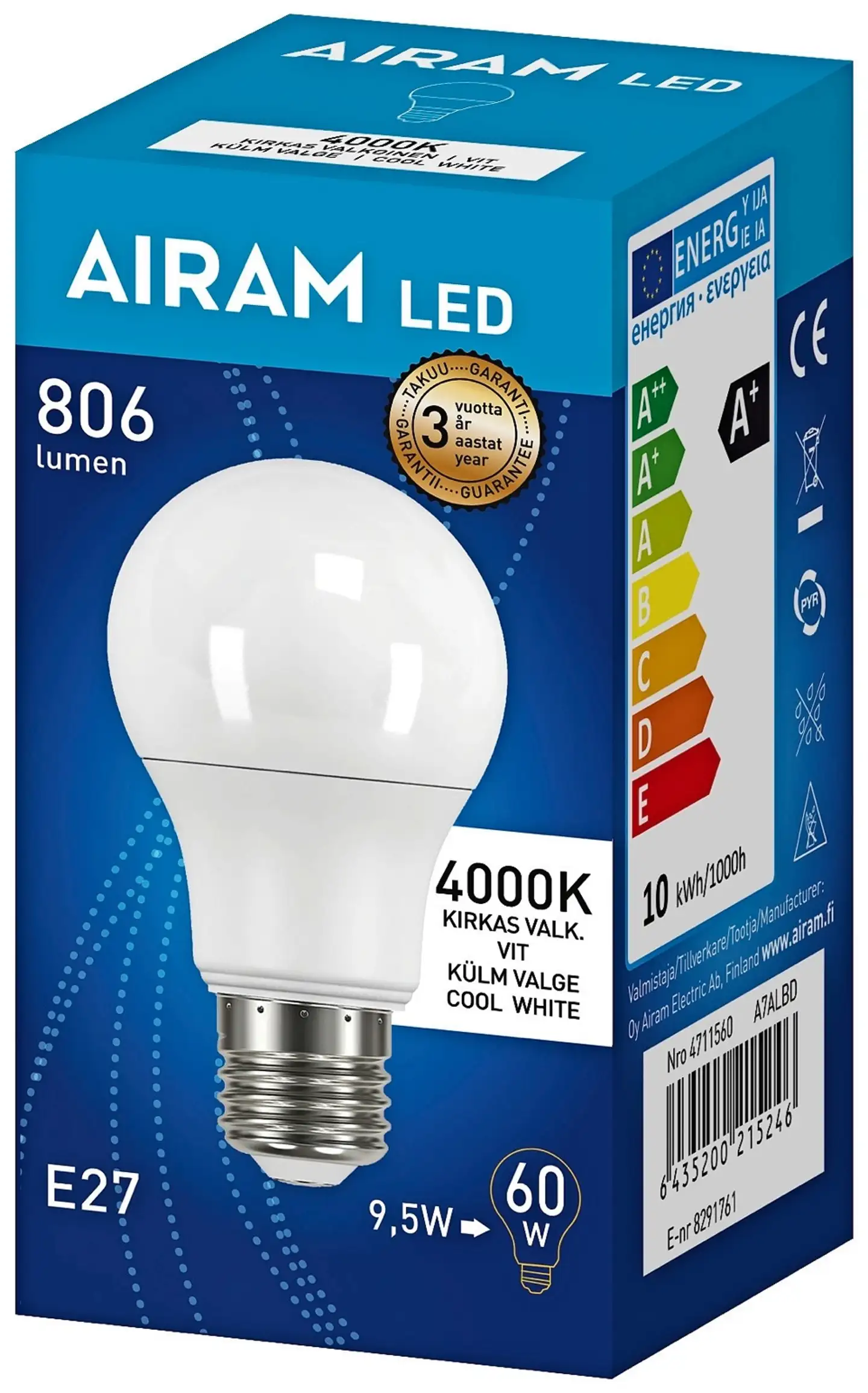 Airam LED 8,5W/840 E27 vakiolamppu 806lm - 2