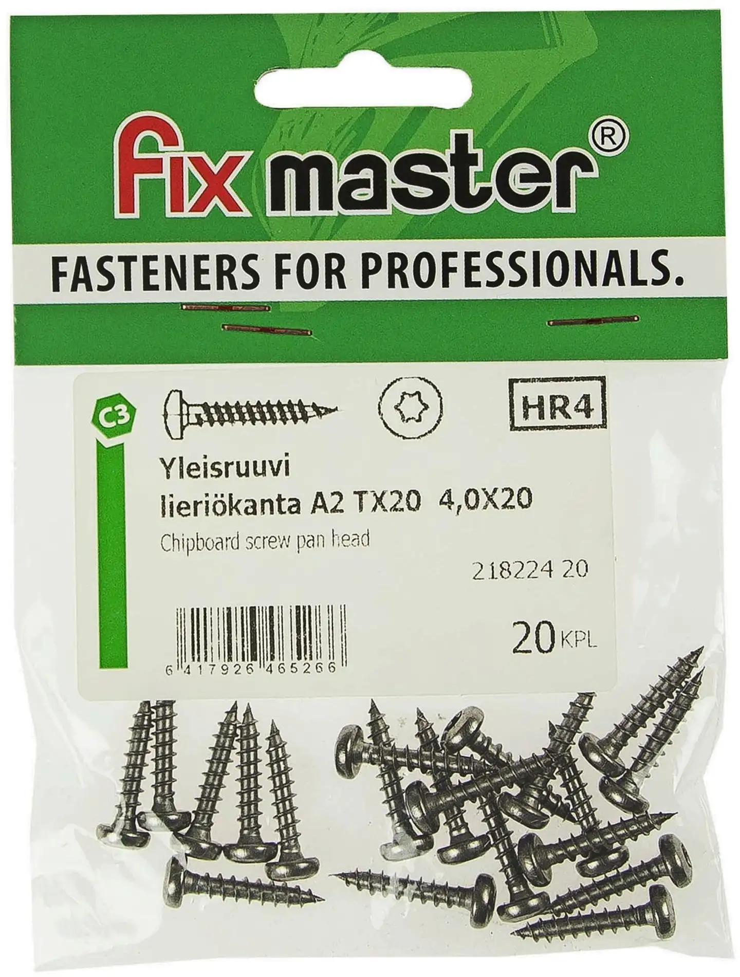 Fix Master yleisruuvi lieriökanta täyskierre 4,0X20 A2 torx20 20kpl