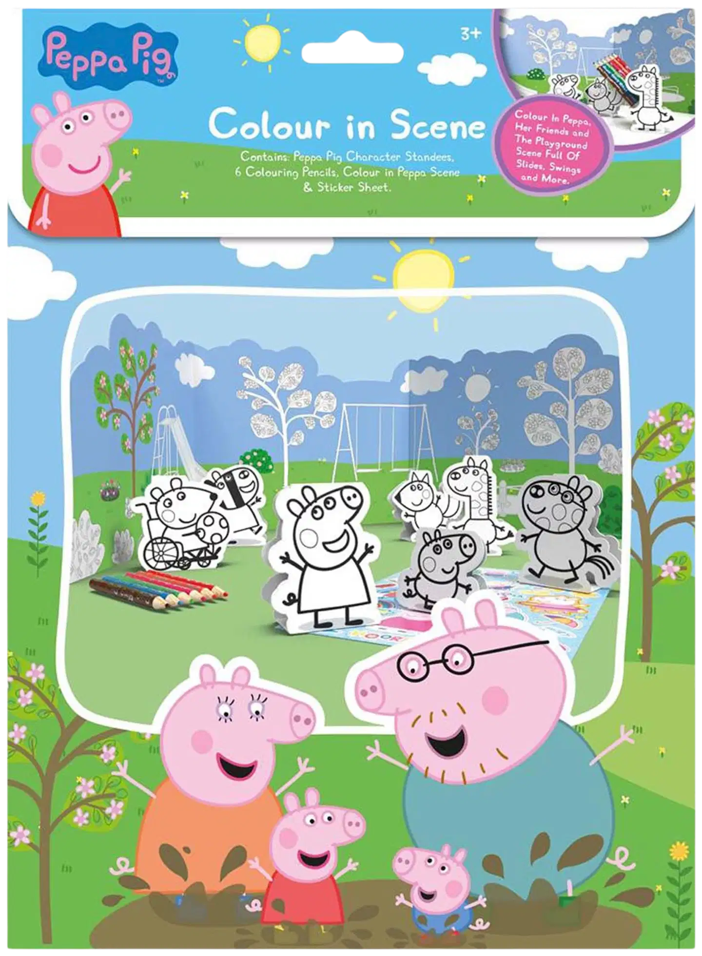 Pipsa Possu värityssetti, sis. väritettävä leikkikenttätausta, seisovay hahmot, 6 puuvärikynää & tarra-arkki