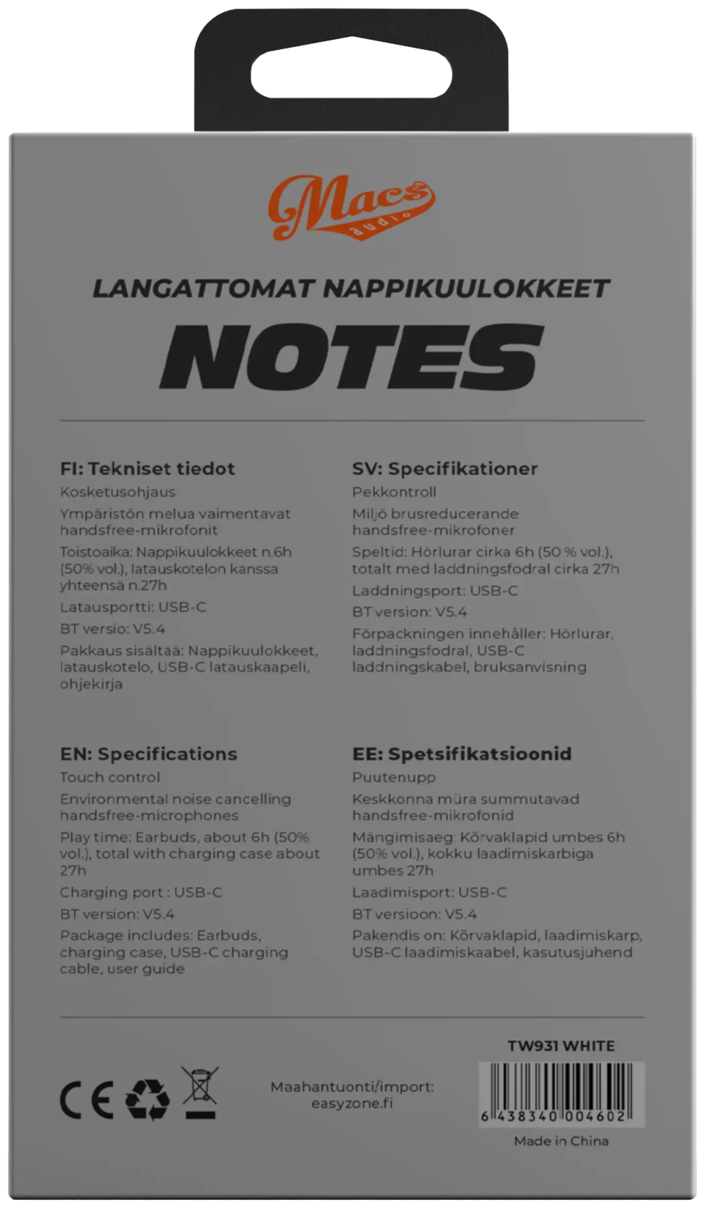 Macs langattomat nappikuulokkeet Notes valkoinen - 4