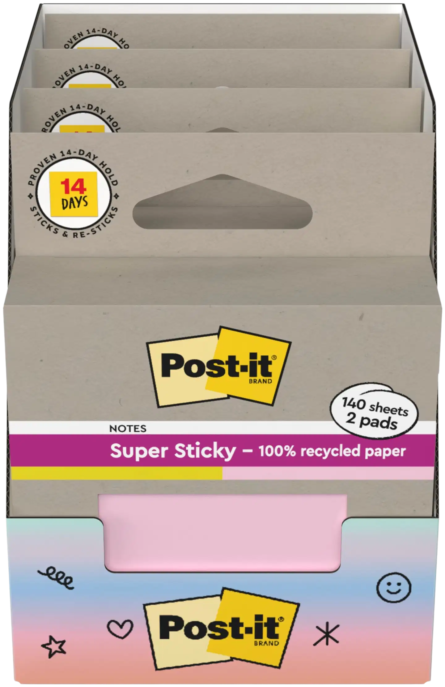 Post-it® Super Sticky 100% Recycled -viestilaput, 654-RSS2-PSYP, keltainen ja vaaleanpunainen, 76 mm x 76 mm, 70 viestilappua/lehtiö, 2 lehtiötä/pakkaus - 4
