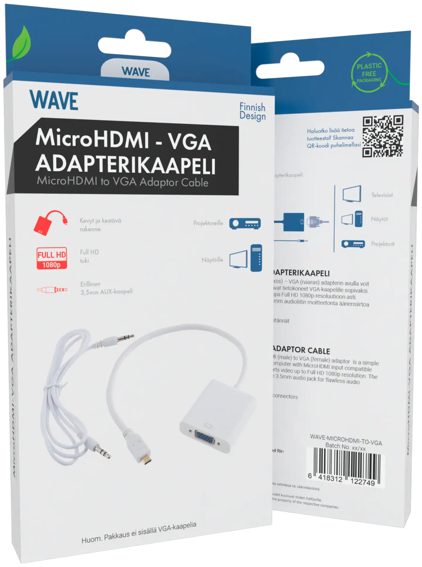Wave Adapterikaapeli, MicroHDMI uros - VGA naaras, 25cm, Valkoinen - 2