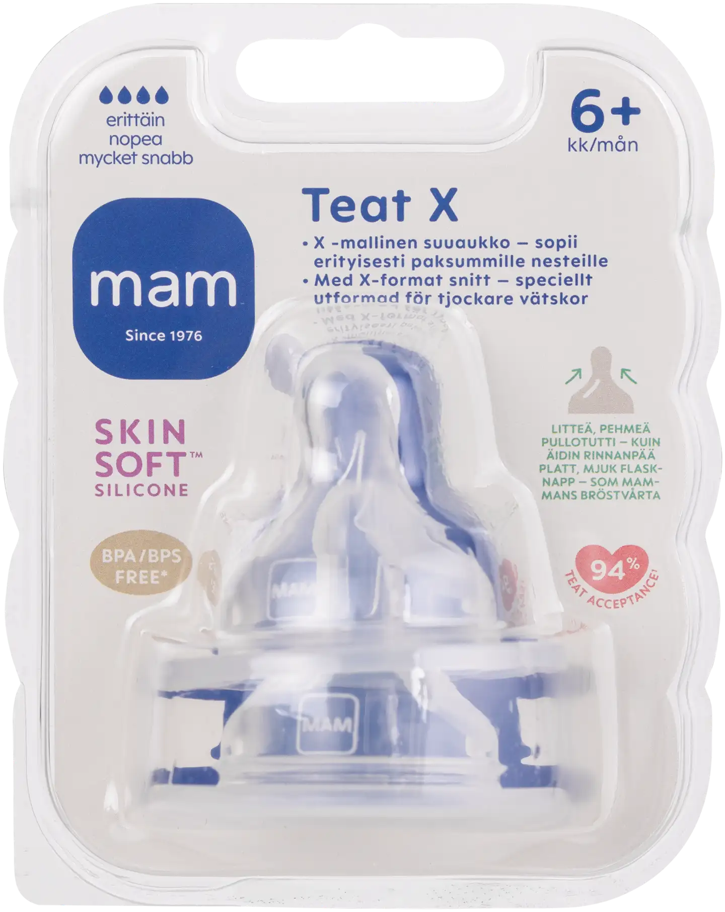 MAM Teat X 2kpl 6+kk Erittäin nopea silikonivellitutti