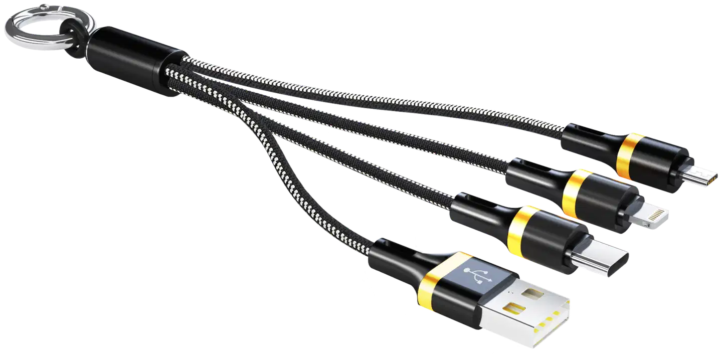CharGo latauskaapeliyhdistelmä, USB-A - Micro-USB, USB-C & Lightning, musta