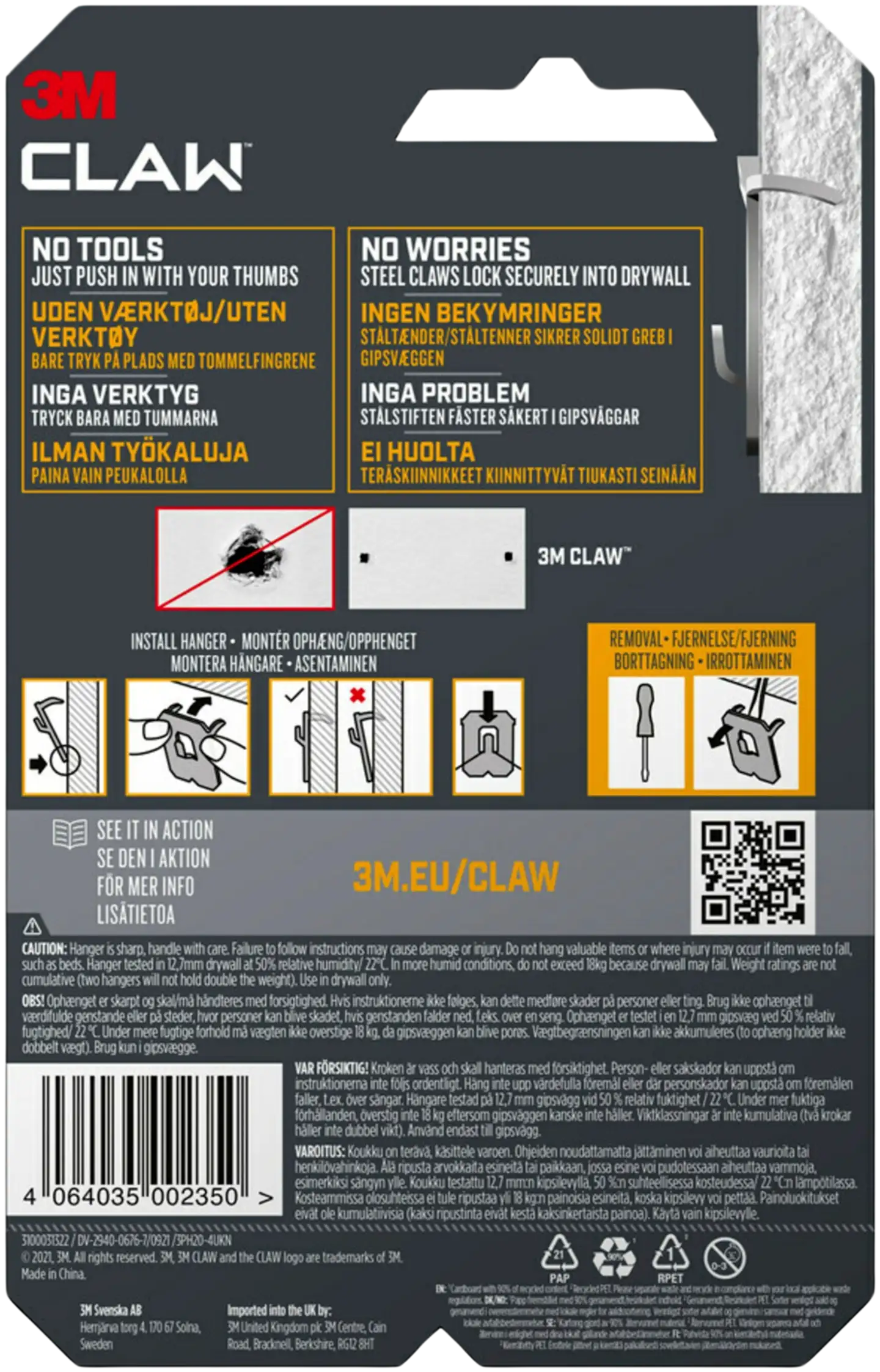 3M CLAW™-taulukoukku kipsilevylle, 20 kg 3PH20-4UKN, 4 ripustuskoukkua - 11