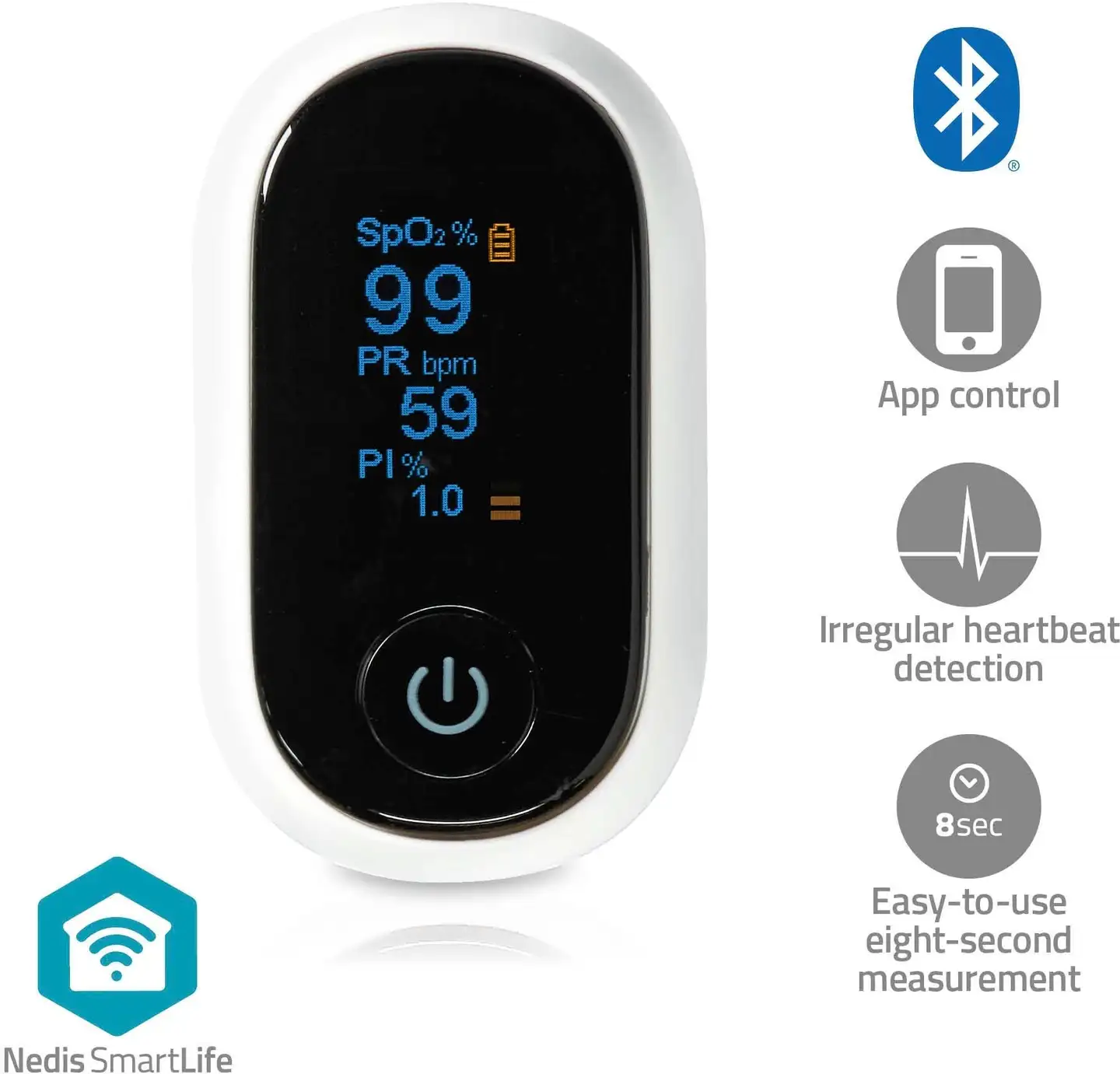 Nedis SmartLife Pulssioksimetri  Bluetooth  OLED-näyttö  Auditiivinen hälytys / Happikyllästeisyys (SpO2) / Korkean tarkkuuden anturi / Liikkumisen estävät häiriöt - 4