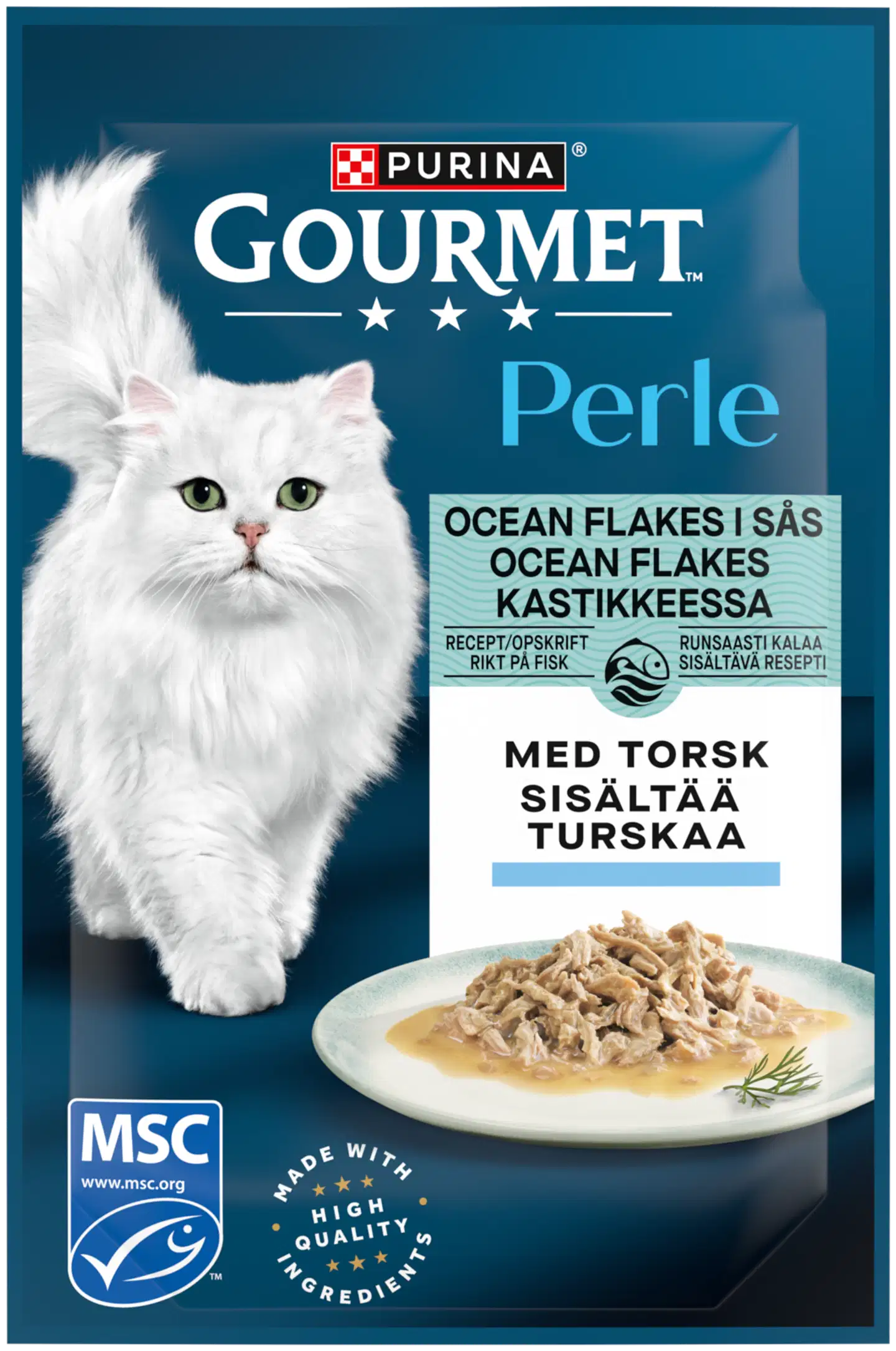 Gourmet Perle Ocean Flakes Kastikkeessa, aikuisen kissan märkäruoka Turskaa 85 g pussi