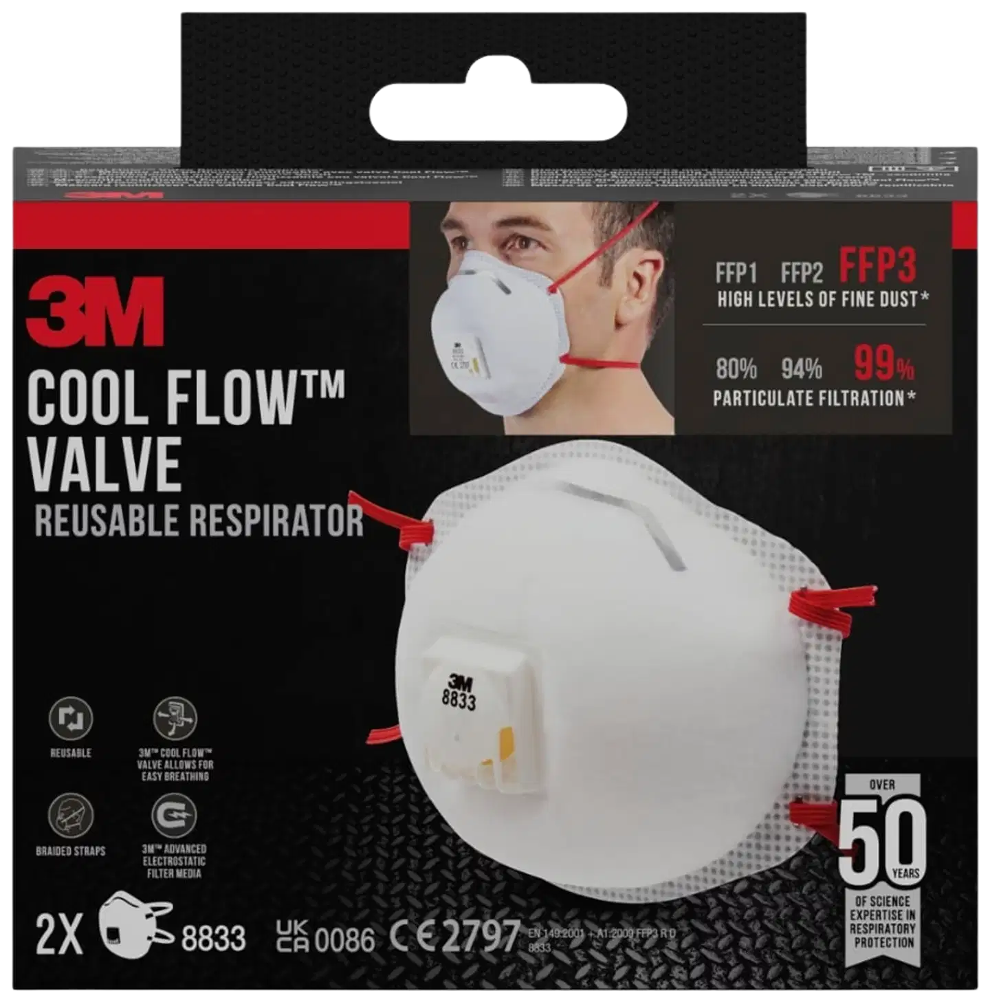3M™ Cool Flow™ hiukkassuojain 8833, FFP3, venttiili, 2 kpl/pakkaus - 1