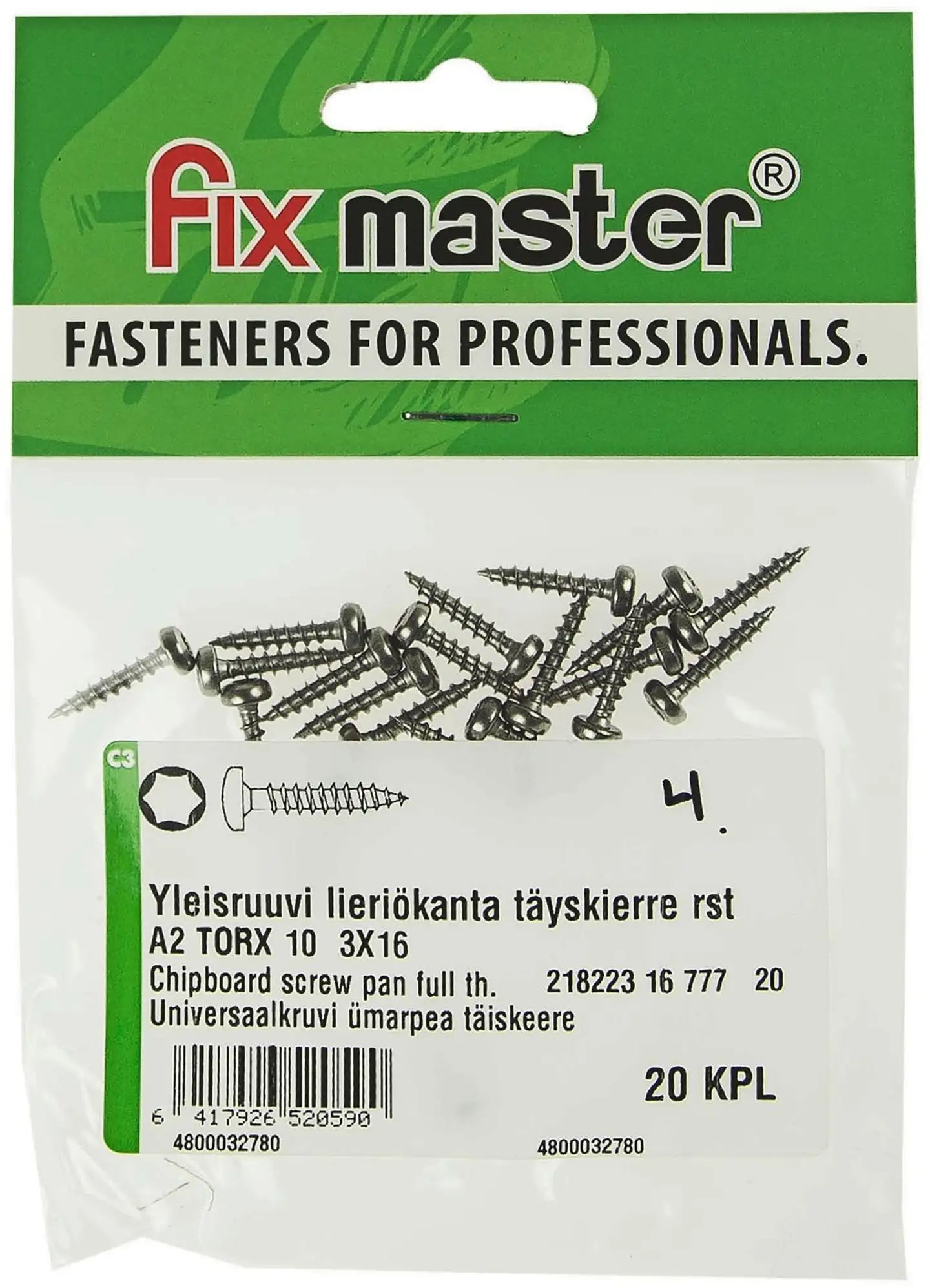 Fix Master yleisruuvi kupukanta A2 torx10 3X16 20kpl