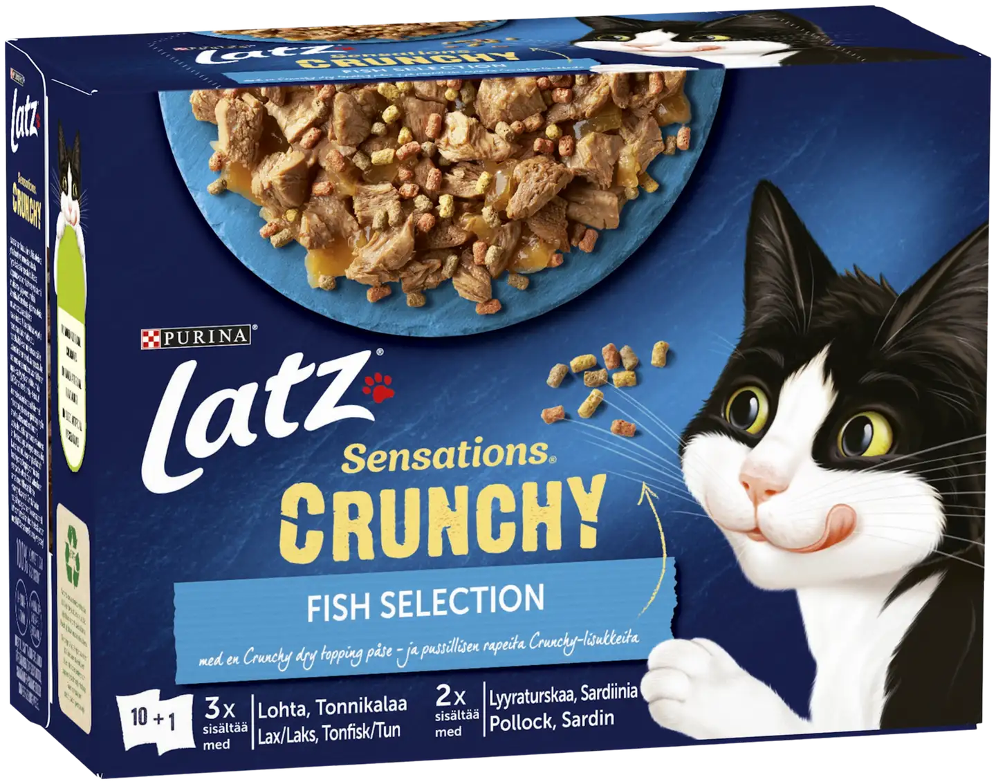 Latz Sensations Crunchy 10x85g+40g Fish lajitelma hyytelössä 4 varianttia kissanruoka