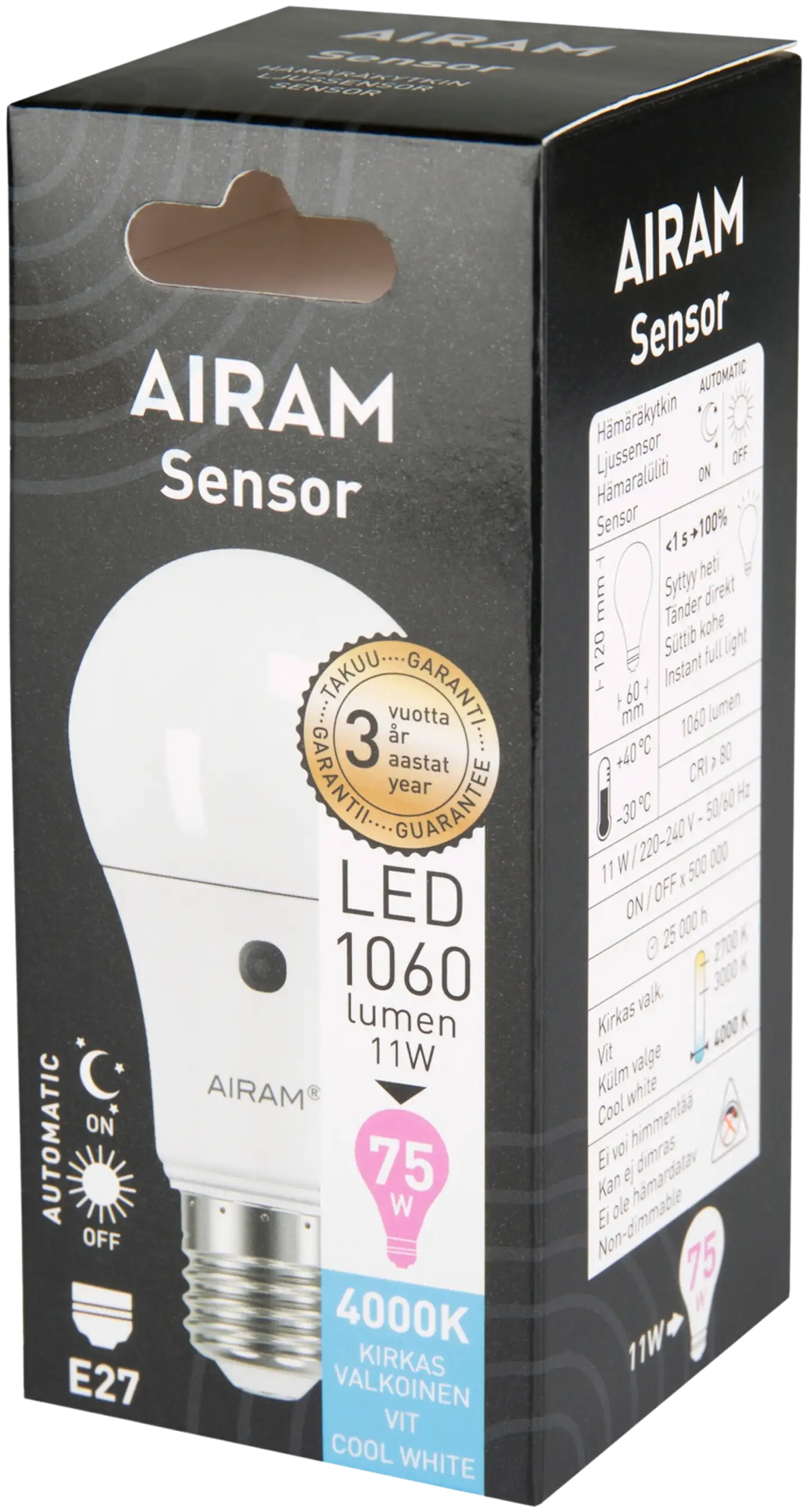 Airam Sensor Led vakio opaali 10,7 W E27 1100 lm 4000 K box - 2