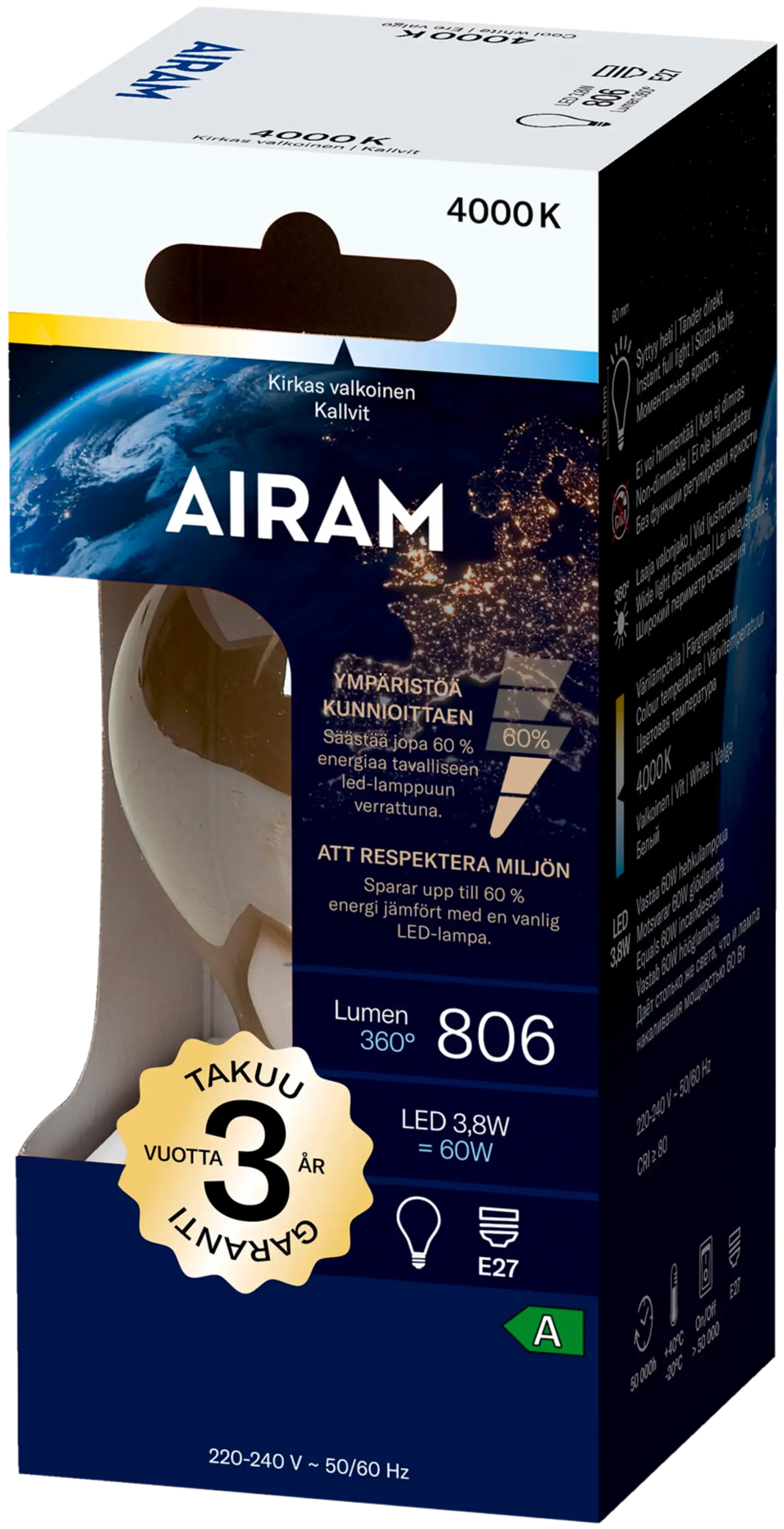 Airam LED A60 3,8W/840 806lm E27 360 CLASS A - 2