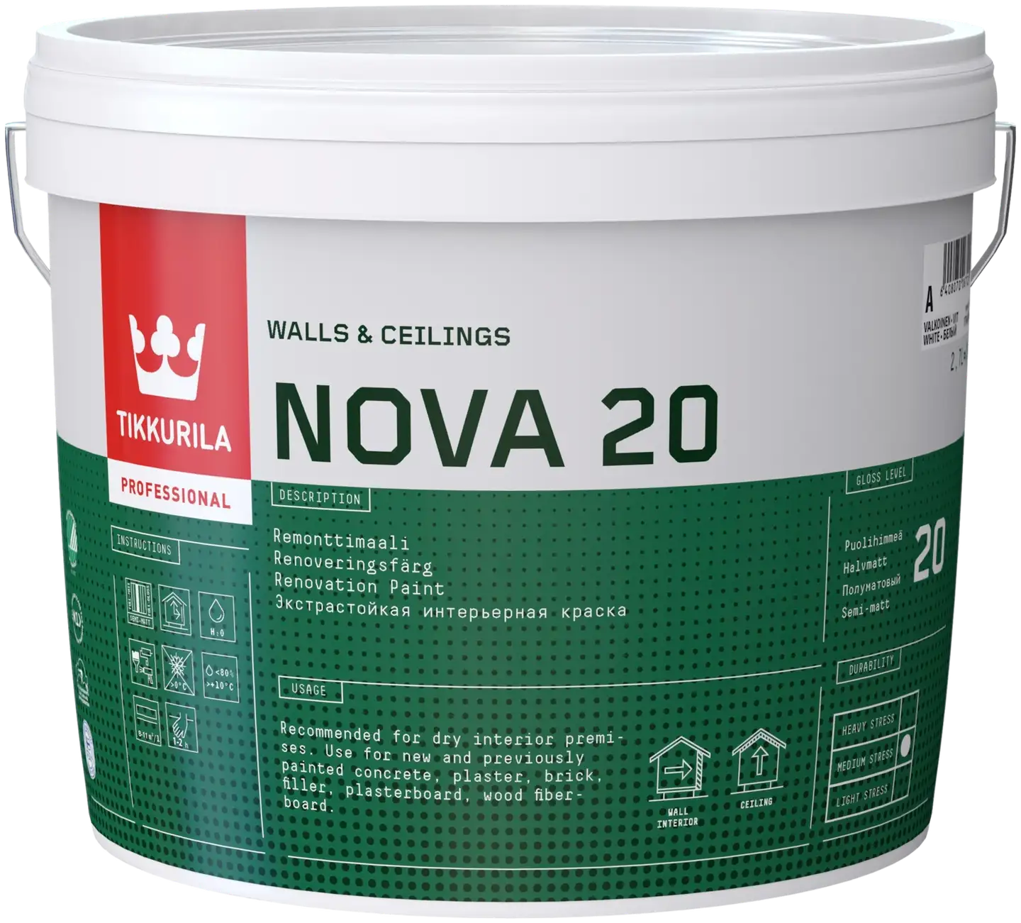 Tikkurila remonttimaali Nova 20 2,7 l A valkoinen sävytettävissä puolihimmeä