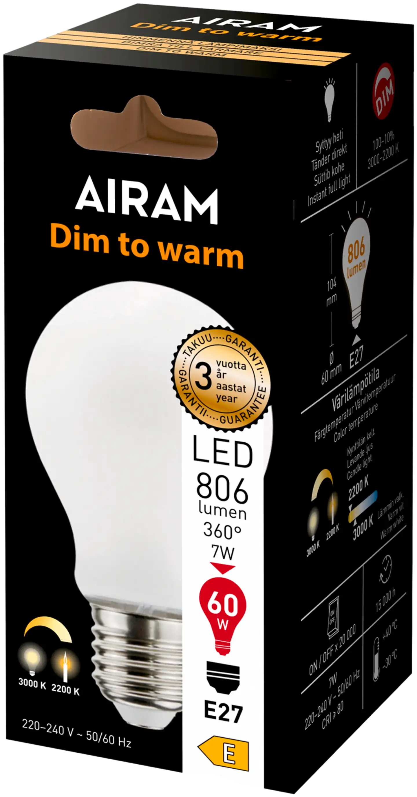 Airam LED vakio dim to warm 7W 806lm E27 - 2