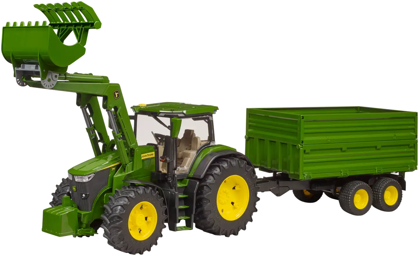 Bruder John Deere 7R 350 traktori etukuormaajalla ja perävaunulla - 4