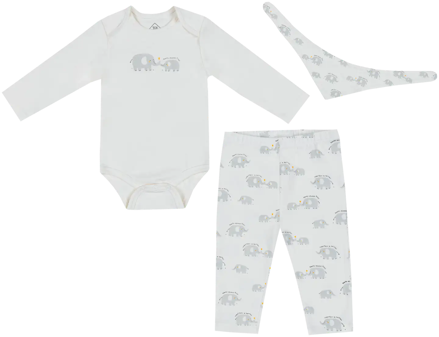 TEX BABY vauvojen setti 3-osaa body+housut+huivi Elefantti - Off white - 1