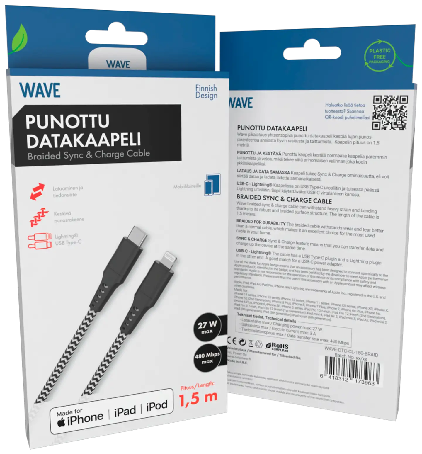 Wave Punottu datakaapeli, USB Type-C -> Apple Lightning (MFI), 1,5m, Mustavalkoinen - 2