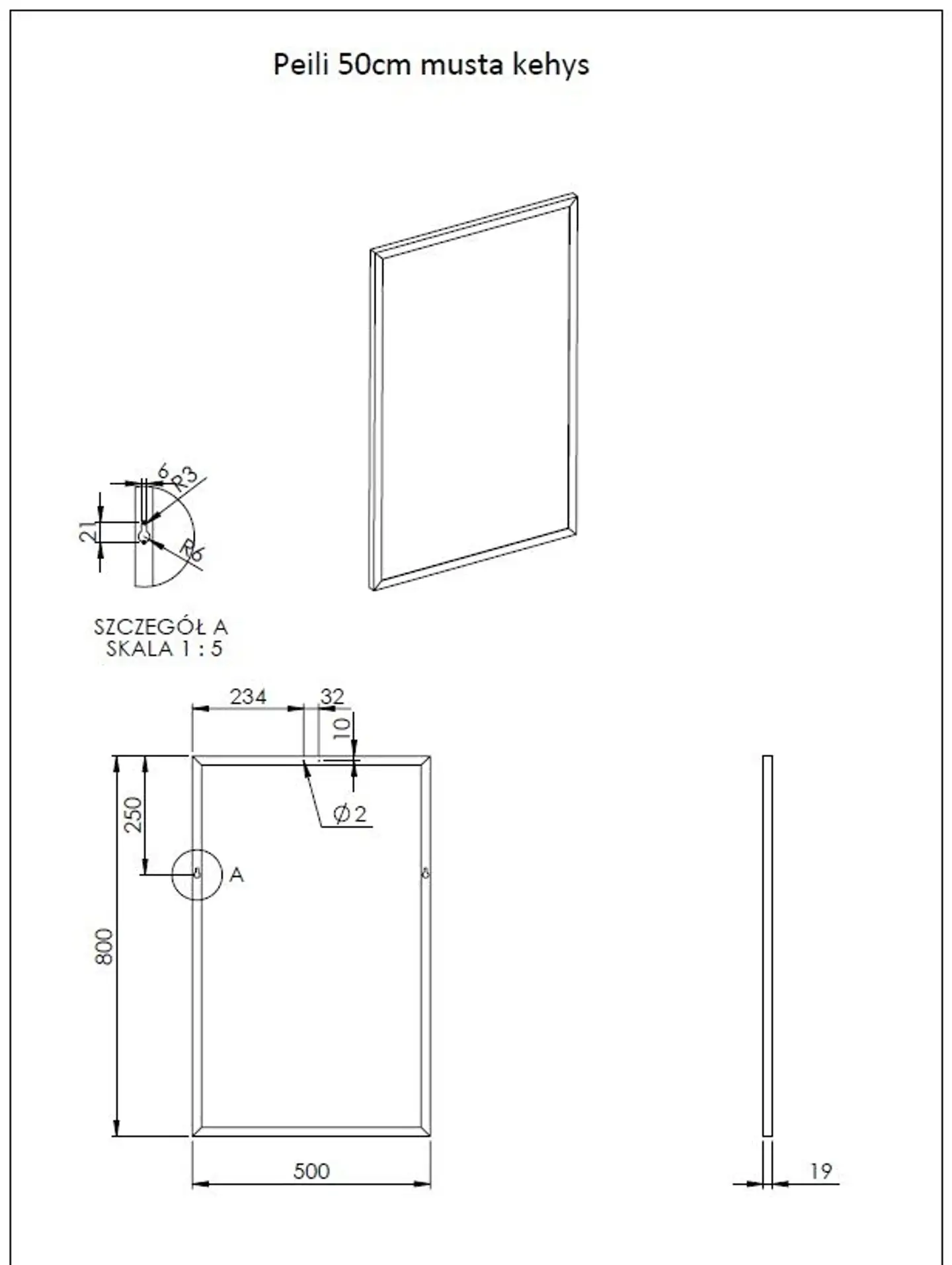 Kehyspeili musta 50cm (Kalla) - 3