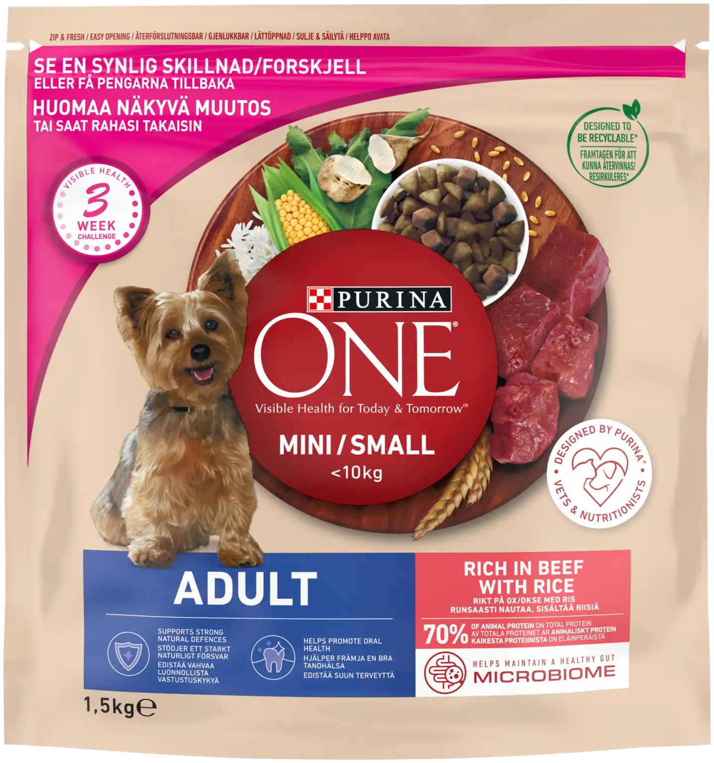 Purina ONE 1,5kg Small Dog <10kg Adult Runsaasti Nautaa, sisältää Riisiä koiranruoka