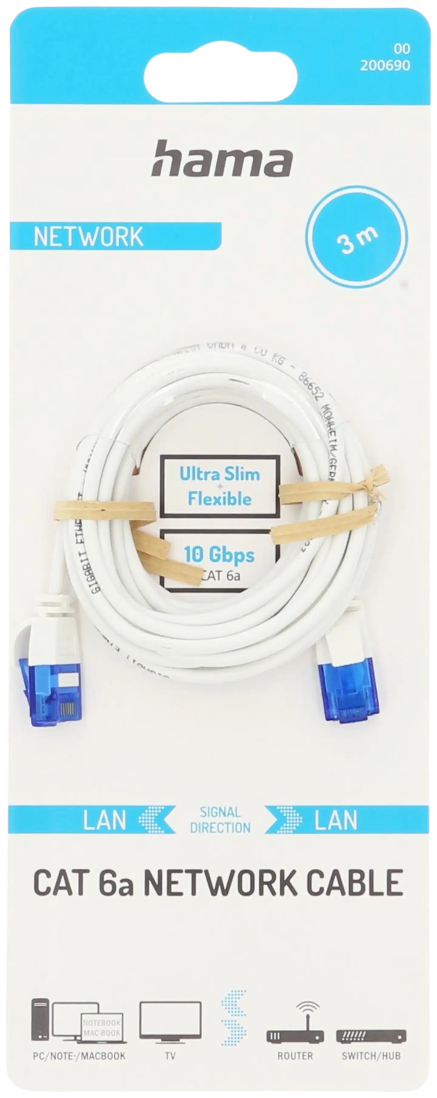 Hama Verkkokaapeli, CAT6a, U/UTP, 10 Gbit/s, Flexi-slim, 3,0 m - 3