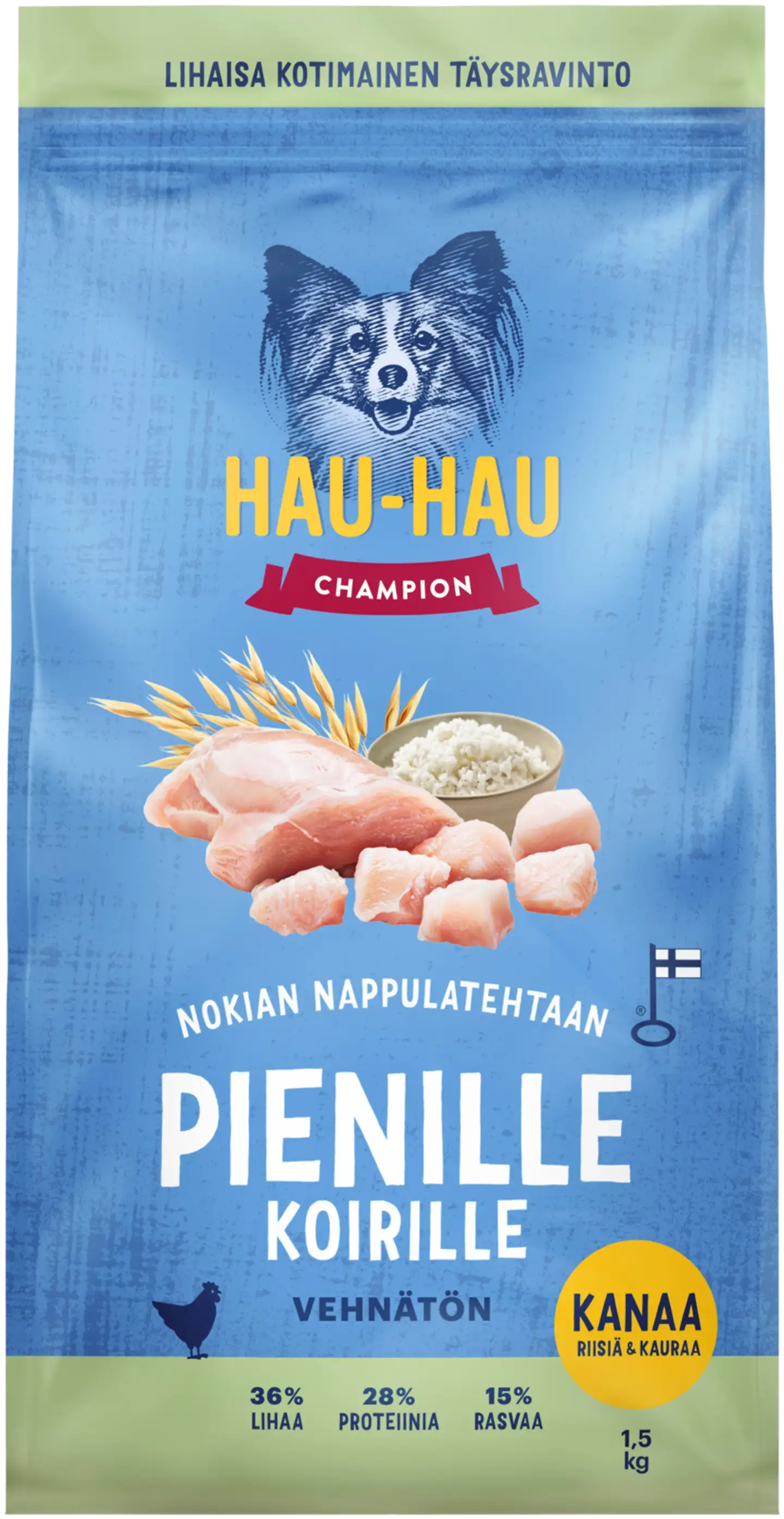 Hau-Hau Champion Nokian Nappulatehtaan Kanaa, riisiä & kauraa täysravinto pienille aikuisille koirille 1,5 kg