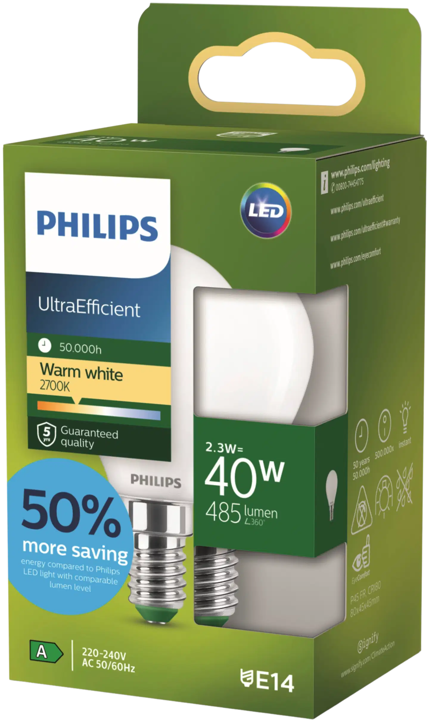Philips Ultra Efficient LED-lamppu 2.3W P45 E14 2700K 485LM huurrettu - 2