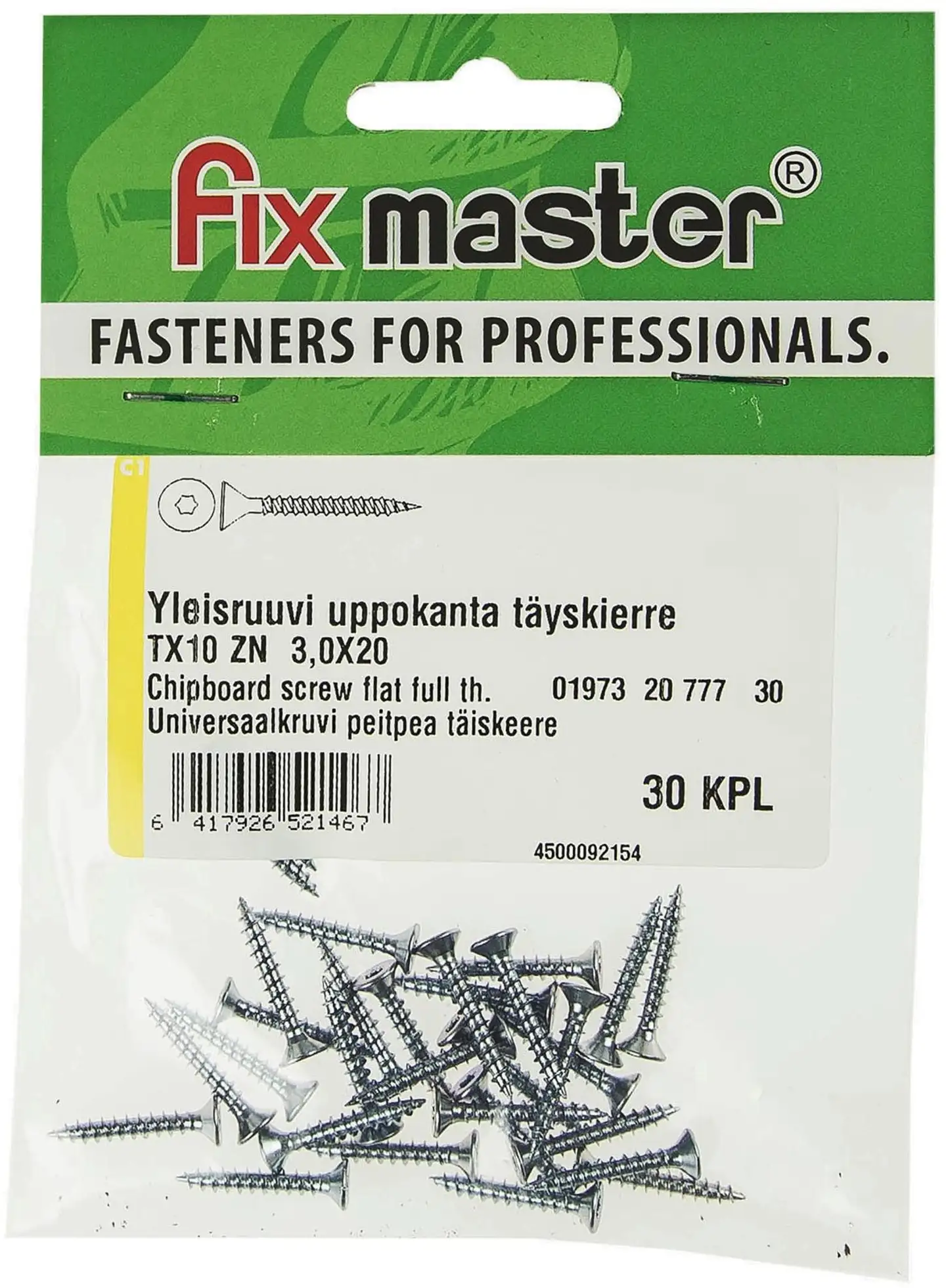 Fix Master yleisruuvi uppokanta täyskierre torx10 3,0X20 sinkitty 30kpl