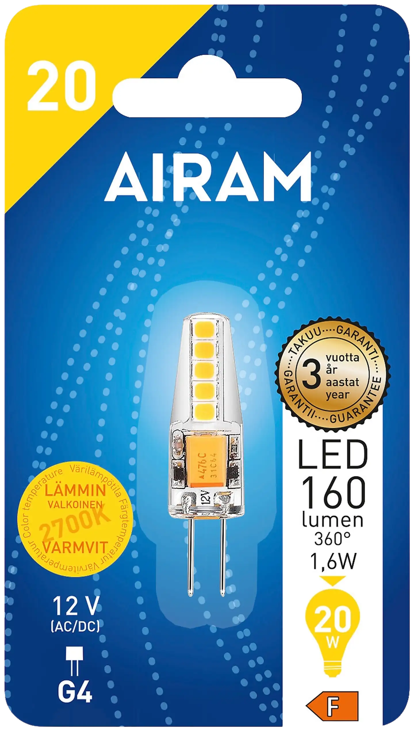 Airam LED polttimo 827 160lm G4 12V 1,6W 15000h - 2