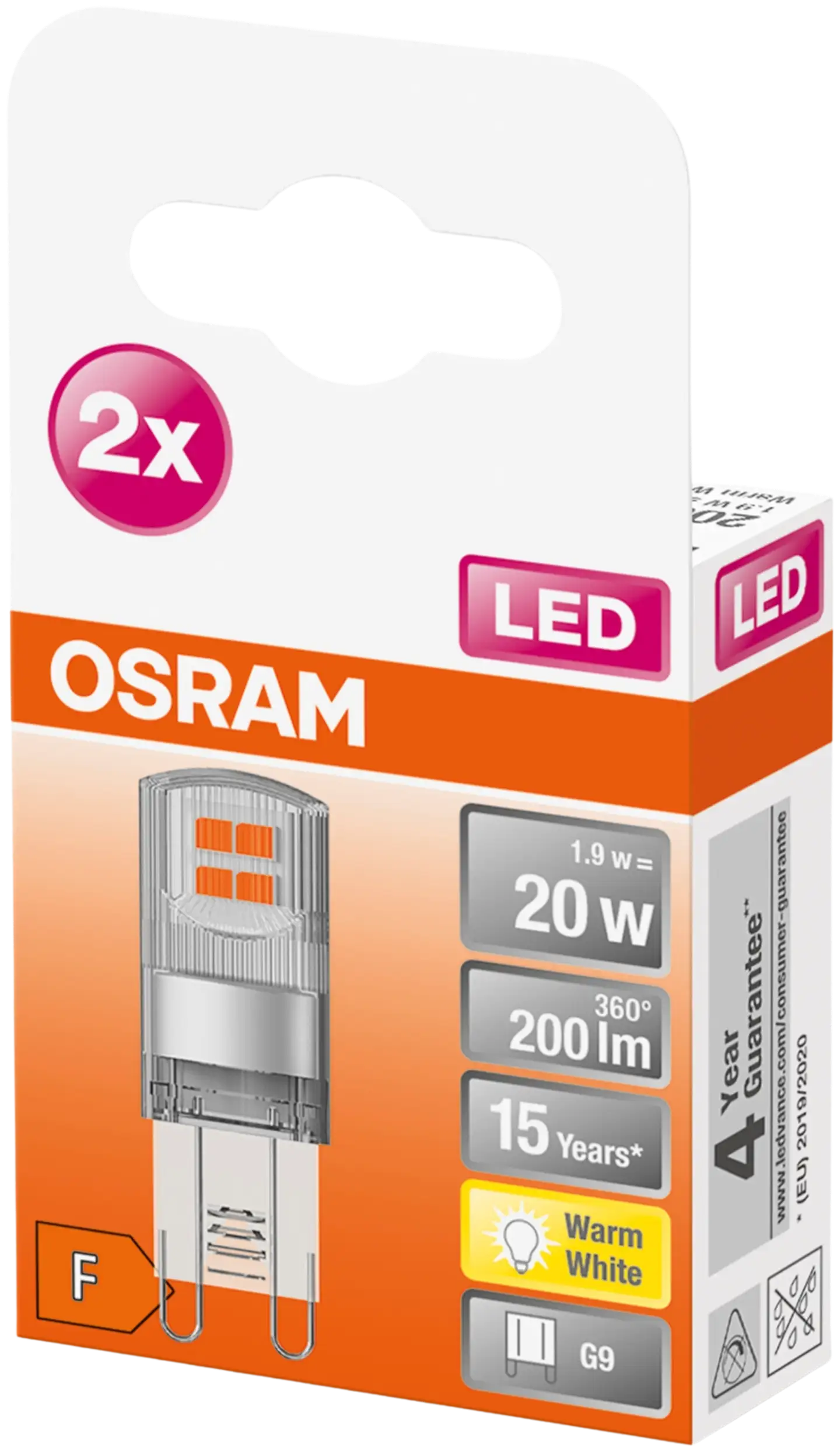 Osram LED PIN 1,9W/2700K G9 ei-himmennettävä kirkaskupuinen LED-pienoislamppu 2 kpl/pkt - 3