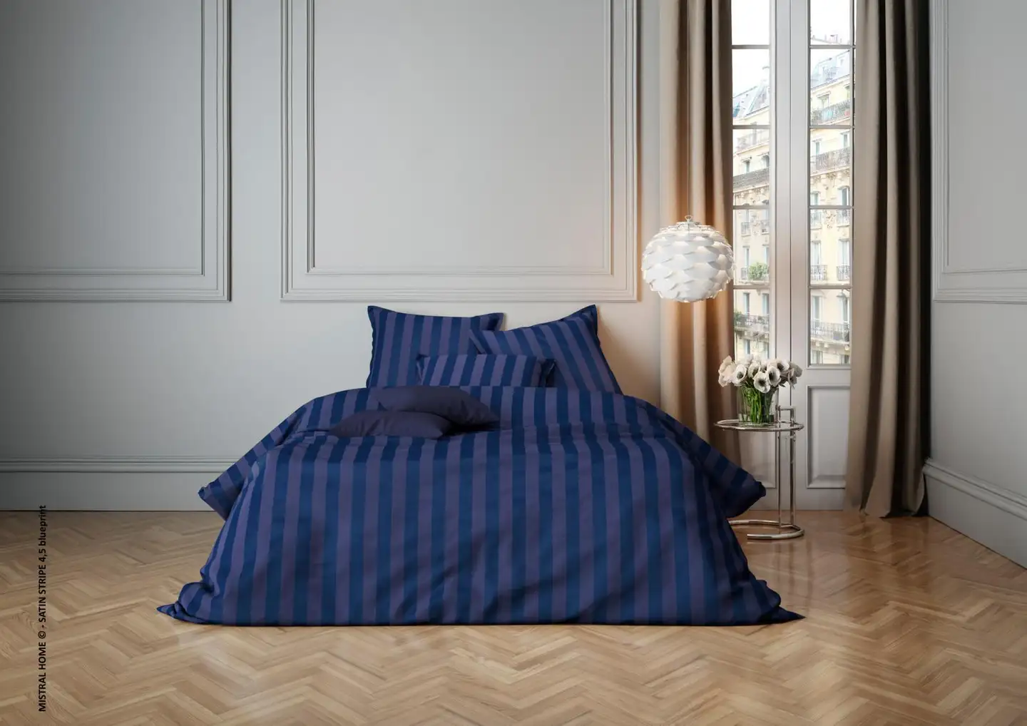 Mistral Home pussilakanasetti Satin Stripe 150x210 cm, tummansininen - 2