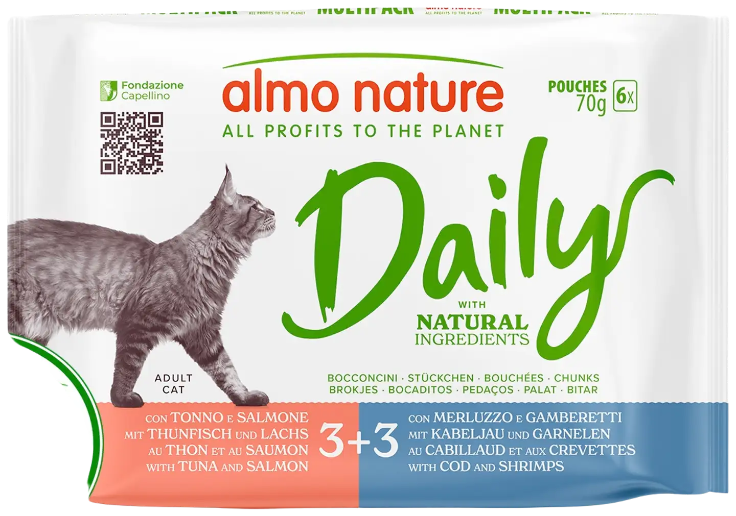 Almo Nature Daily monipakkaus tonnikala-lohi & turska-katkarapu 6 x 70 g - 1