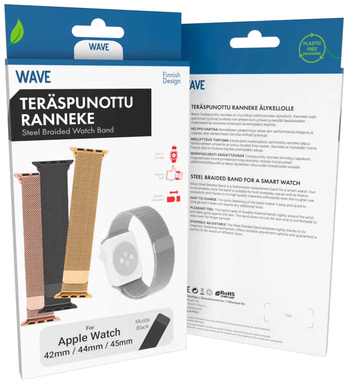 Wave Teräspunottu ranneke, Apple Watch 42mm (Series 1-9) / Apple Watch 44mm / Apple Watch 45mm / Apple Watch 46mm / Apple Watch 49mm, Musta - 4