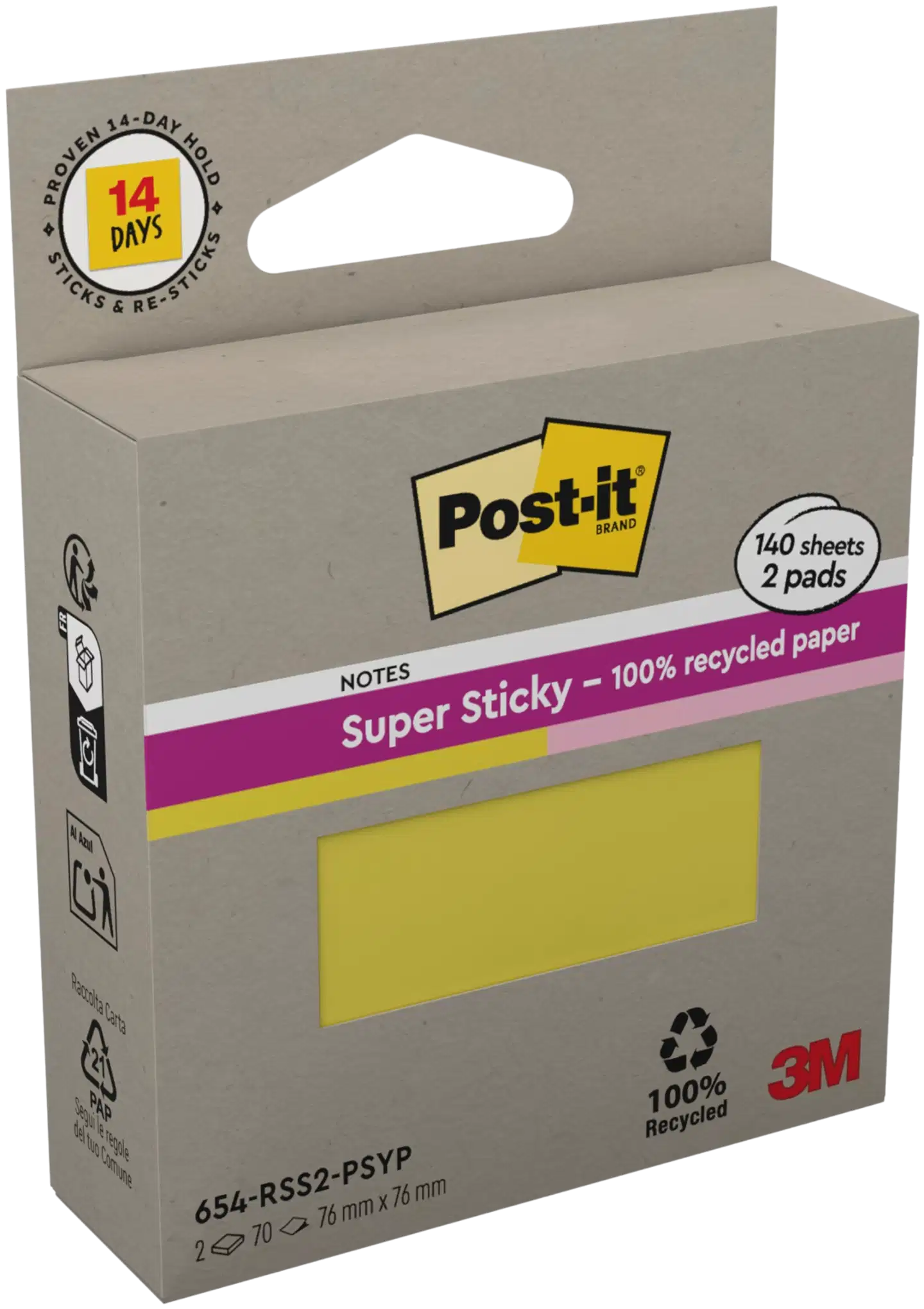Post-it® Super Sticky 100% Recycled -viestilaput, 654-RSS2-PSYP, keltainen ja vaaleanpunainen, 76 mm x 76 mm, 70 viestilappua/lehtiö, 2 lehtiötä/pakkaus - 3