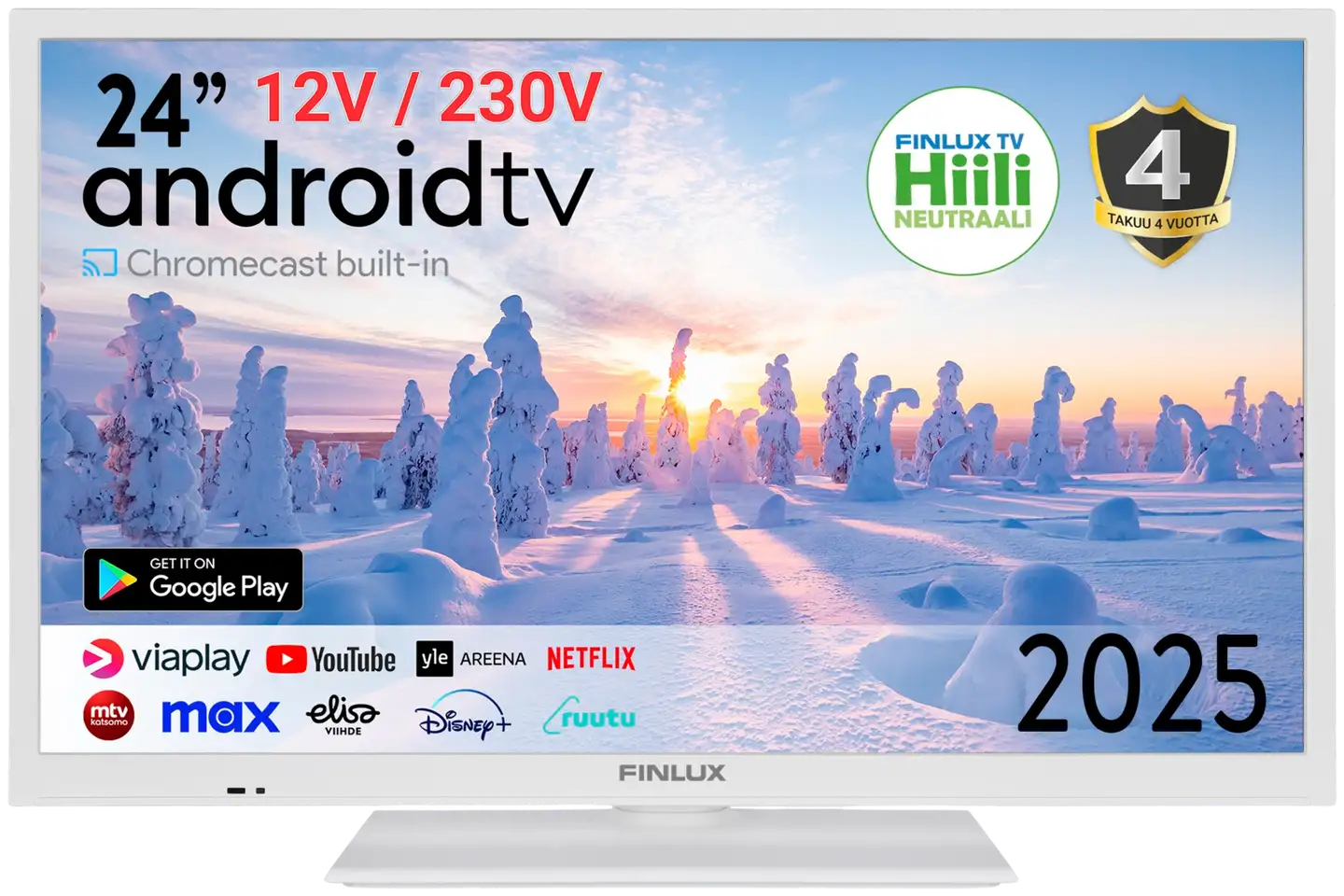 Finlux 24" HD Ready Android Smart LED TV 12V sekä 230V käyttöjännitteellä 24M7.2WCI-12 valkoinen - 1