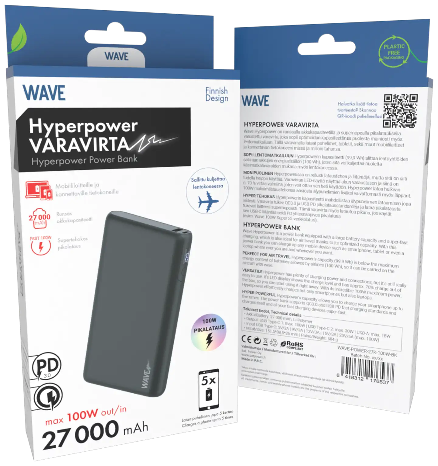 Wave Hyperpower 100W lisävirta, 27000mAh, Musta - 2