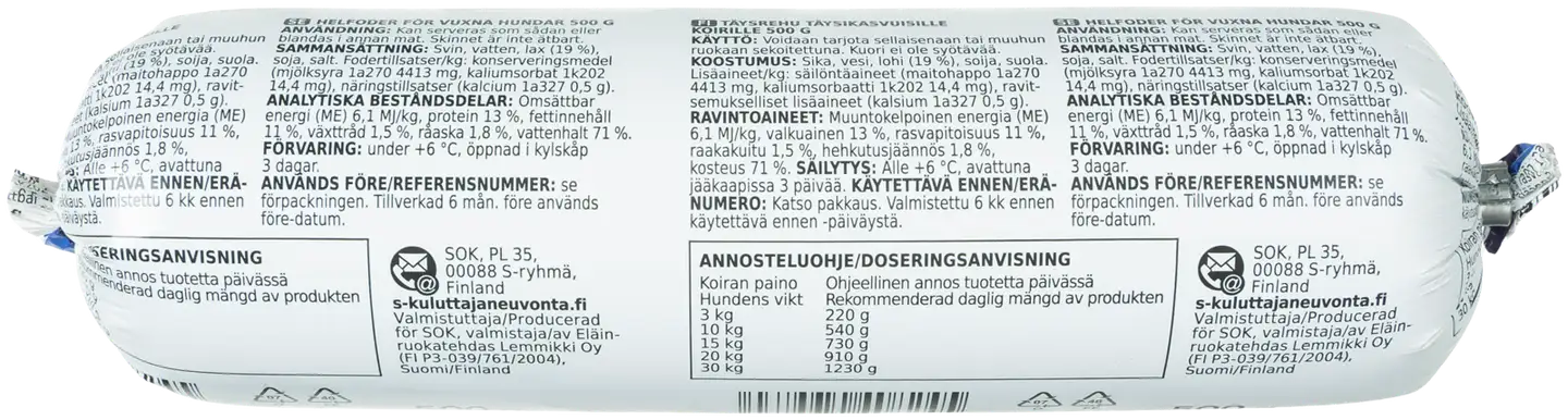 Coop koiranmakkara sisältää lohta täysrehu 500 g - 2