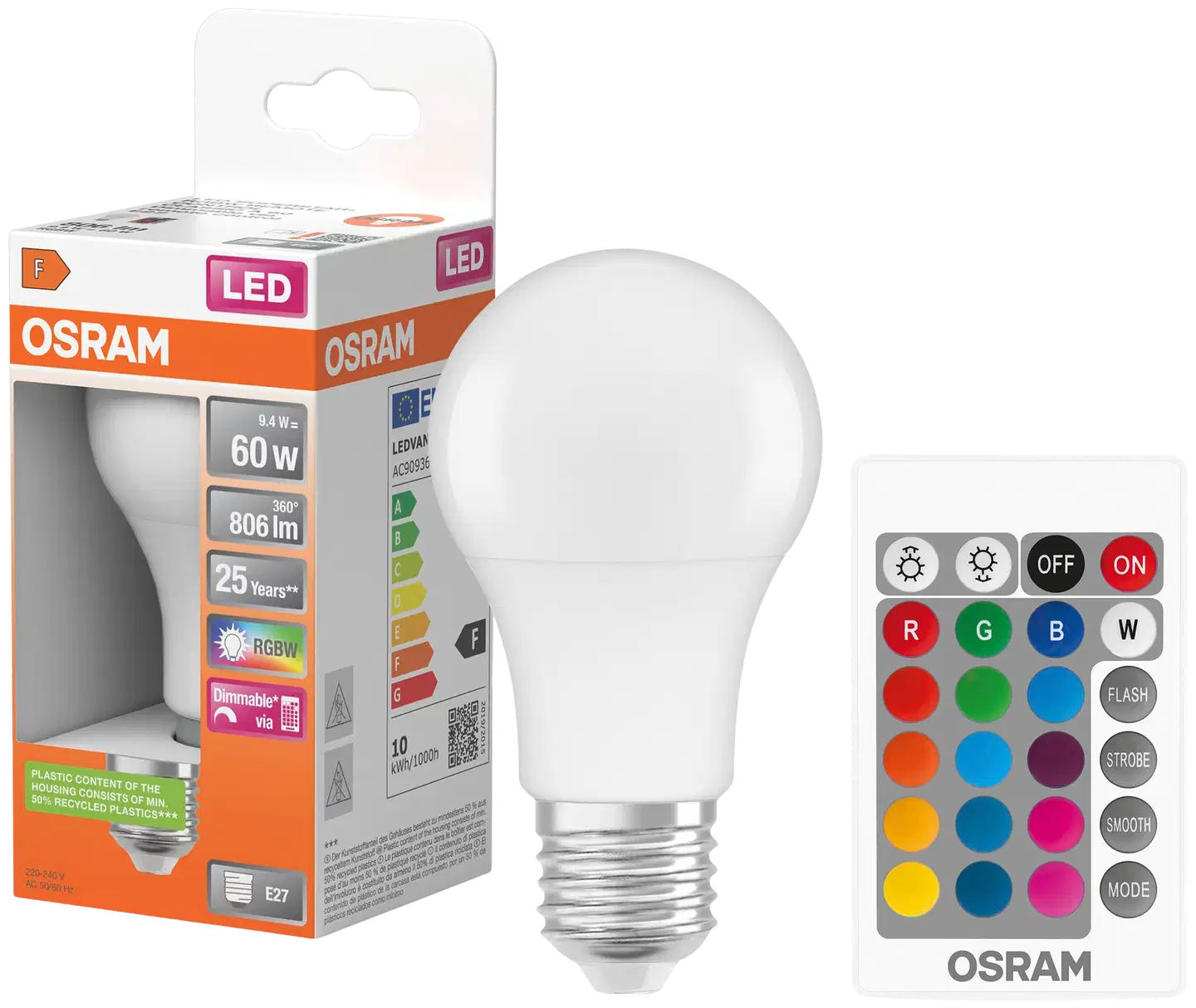 Osram LED-lamppu kaukosäätimellä RGBW 9,4W E27 806lm - 3