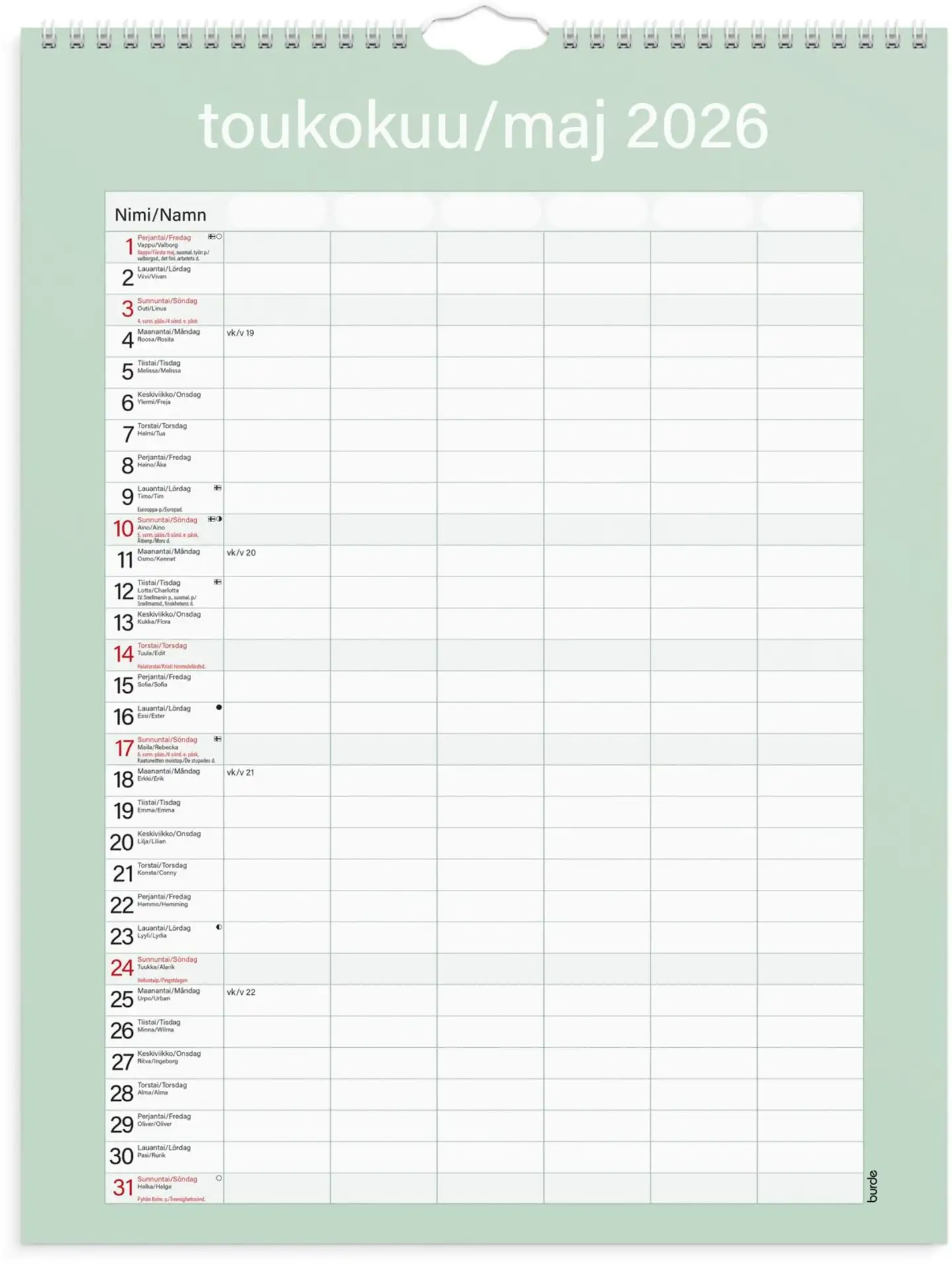 Burde Perhekalenteri 2026 Kätevä - 2