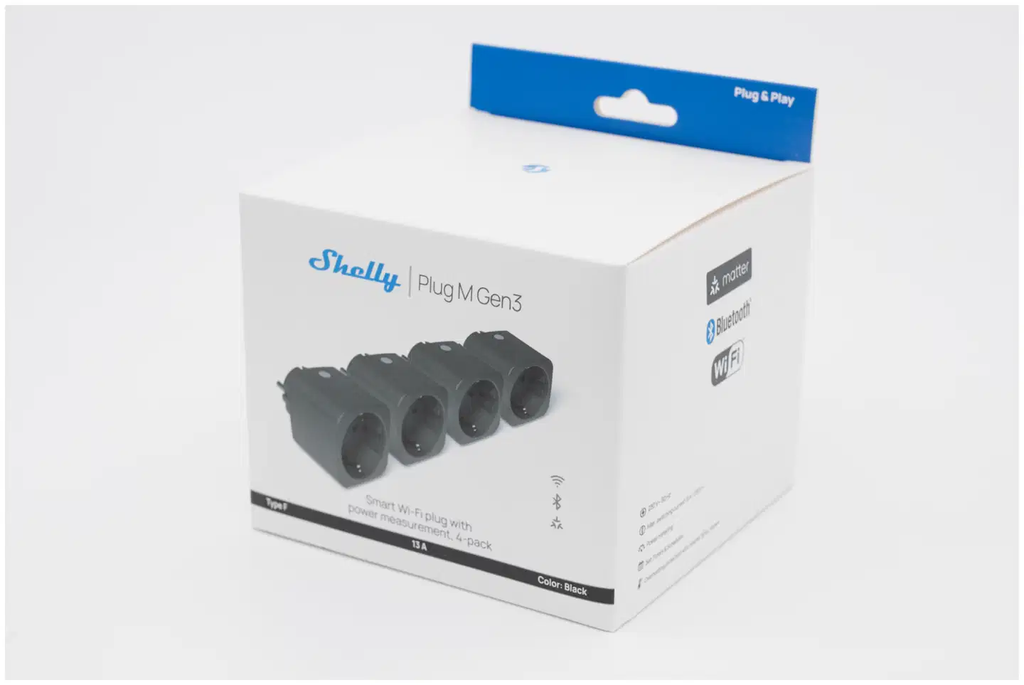 Shelly Plug M Gen3 Black x4 - WiFi-älypistoke, 13 A - 2