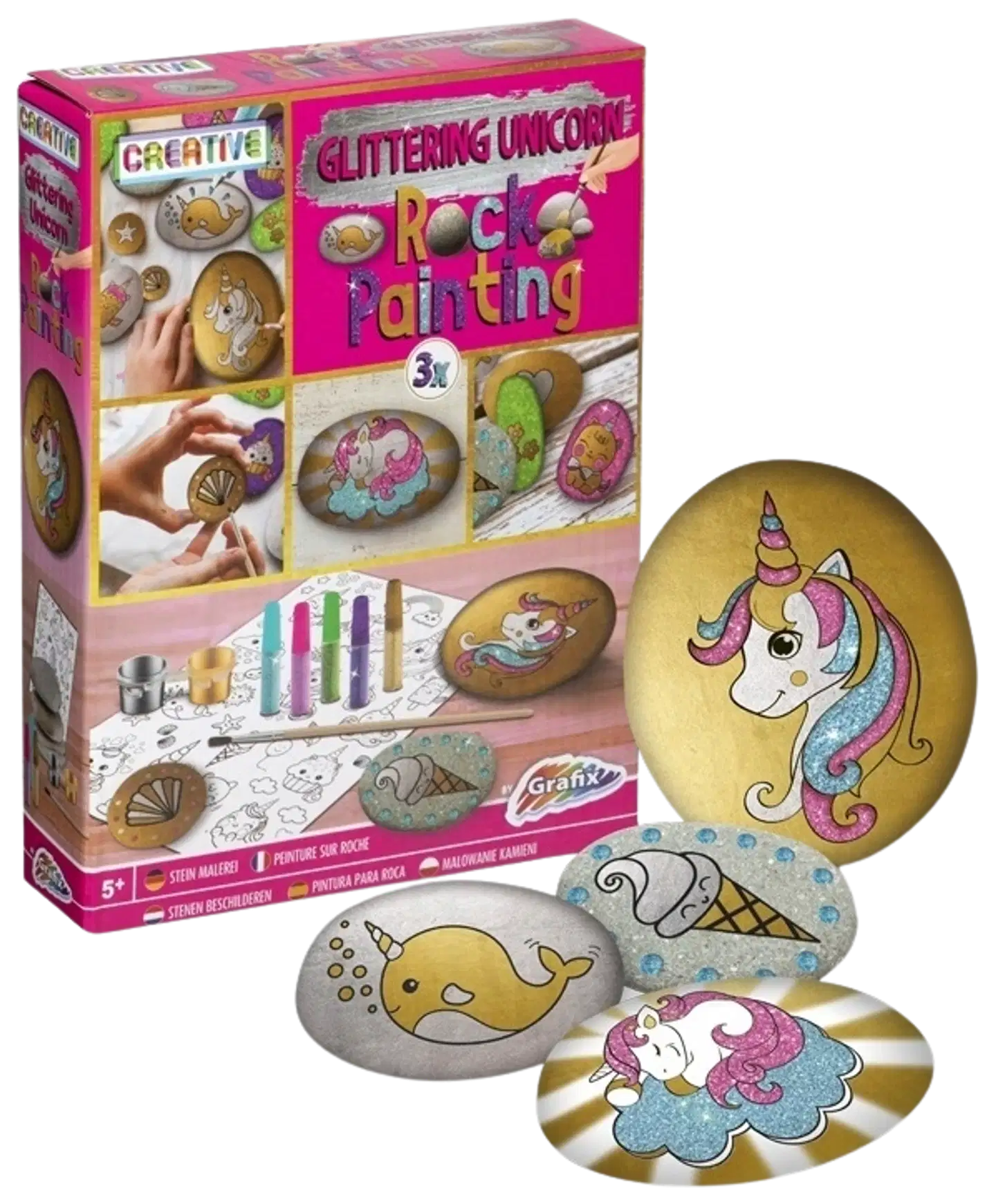 Glitter Unicorn kivien maalaus, 3 kiveä, sivellin, glitterliimaa, maalit