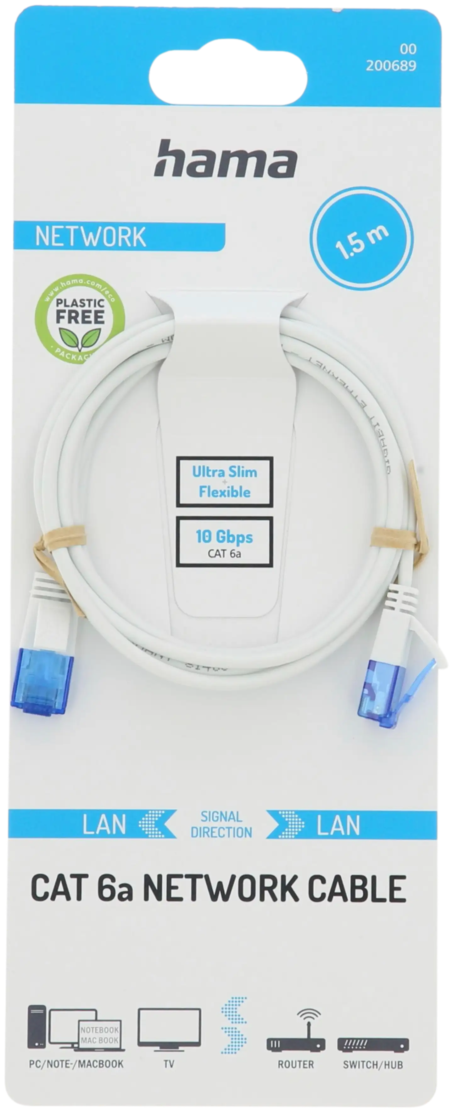 Hama Verkkokaapeli, CAT6a, U/UTP, 10 Gbit/s, Flexi-slim, 1,5 m - 3