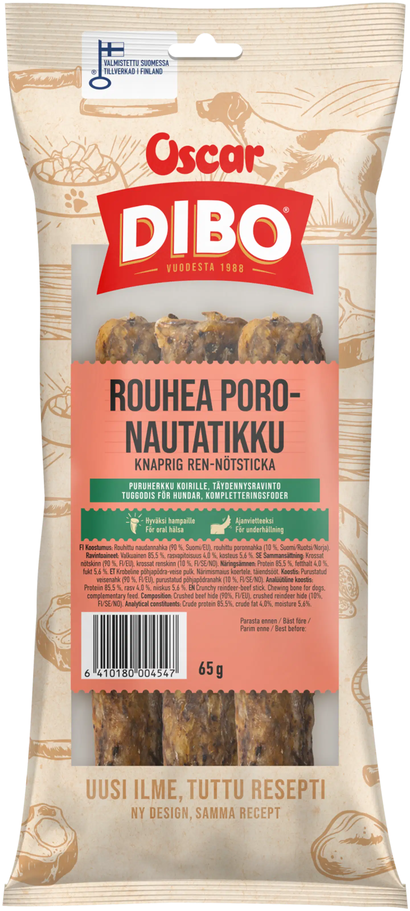 DIBO Rouhea poro-nautatikku (3 kpl) 65 g koirille