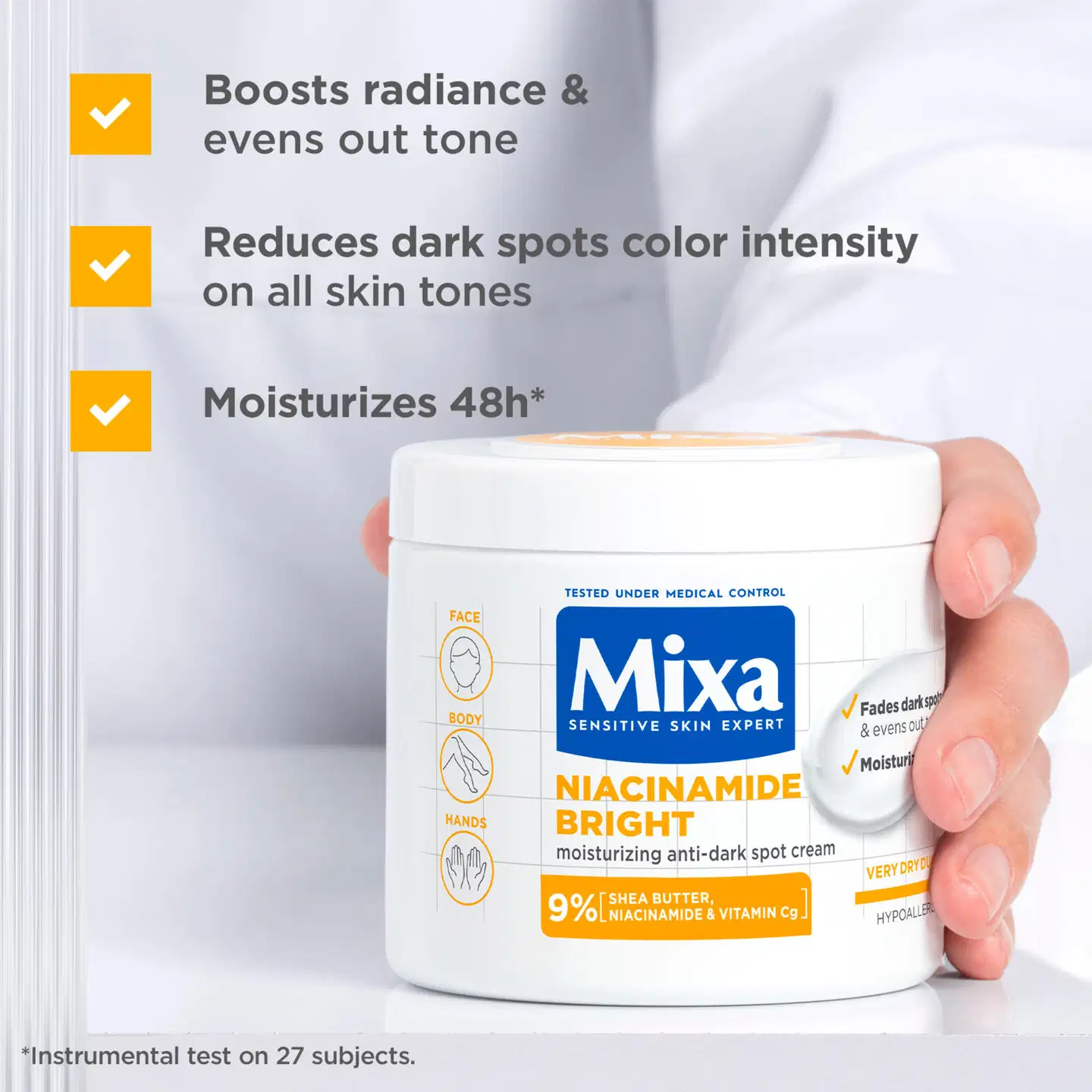 Mixa Niacinamide Bright Ravitseva voide tummia läiskiä vastaan, erittäin kuivalle iholle 400ml - 2