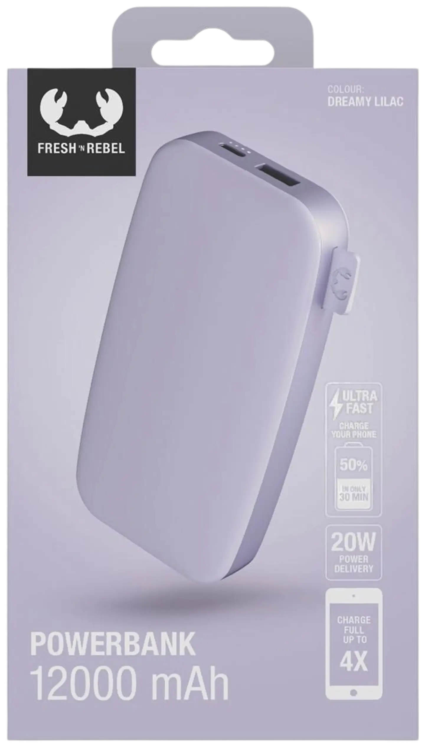 Fresh 'n Rebel Varavirtalähde 12000 mAh USB-C -liitännällä, Ultra Fast Charging, 20W PowerDelivery, Dreamy Lilac - 5