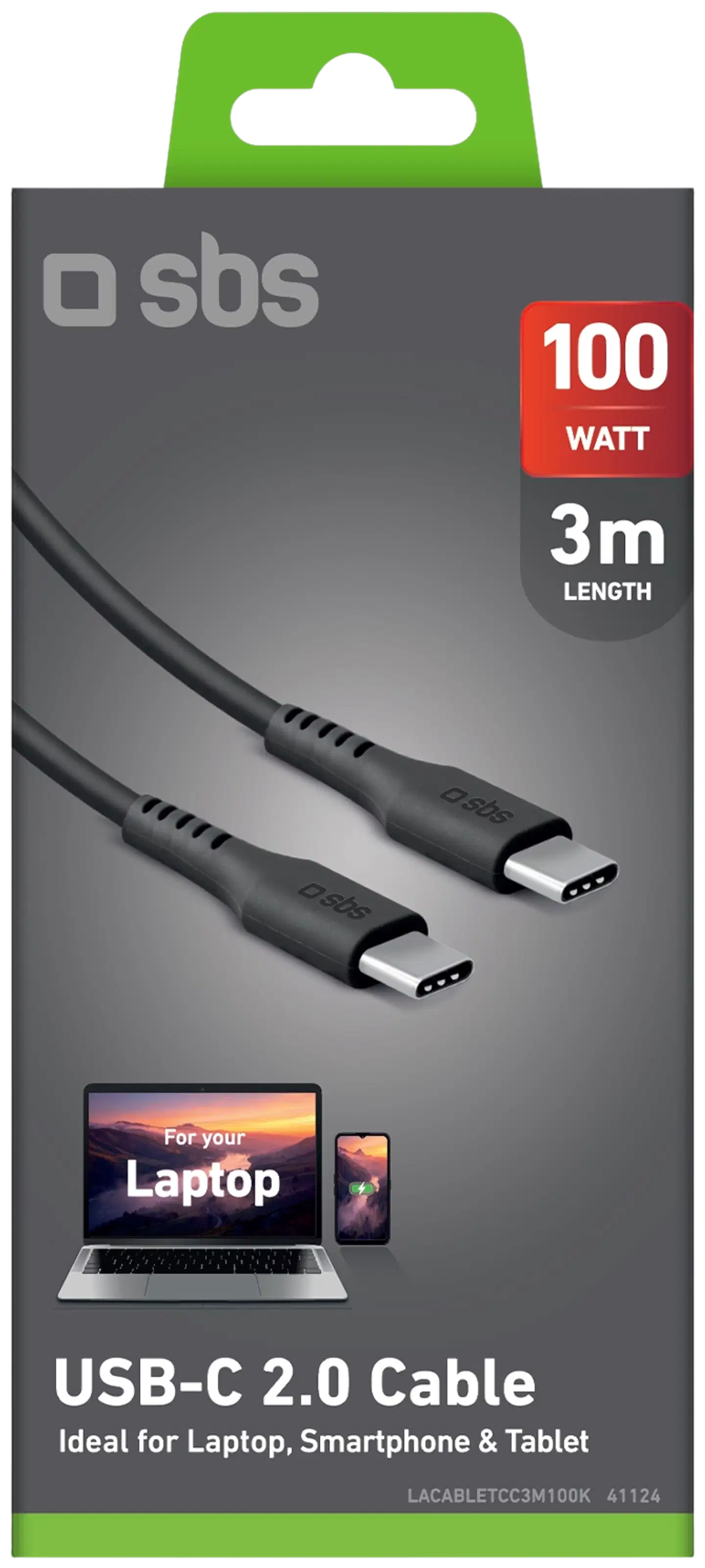 SBS USB‑C-kaapeli 100W, 3 m, musta - 2