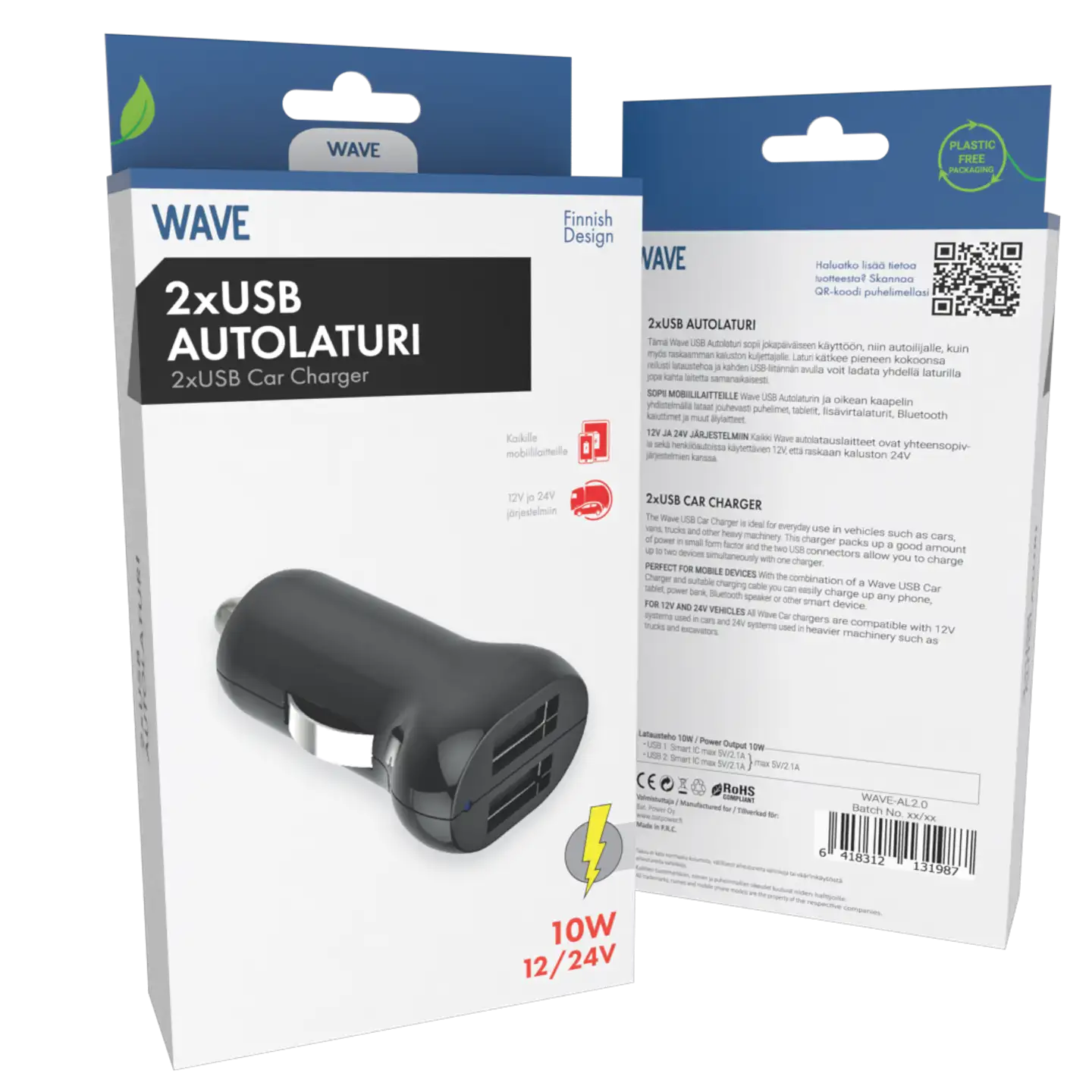 Wave Autolaturi, 2 x USB (10W), musta - 4