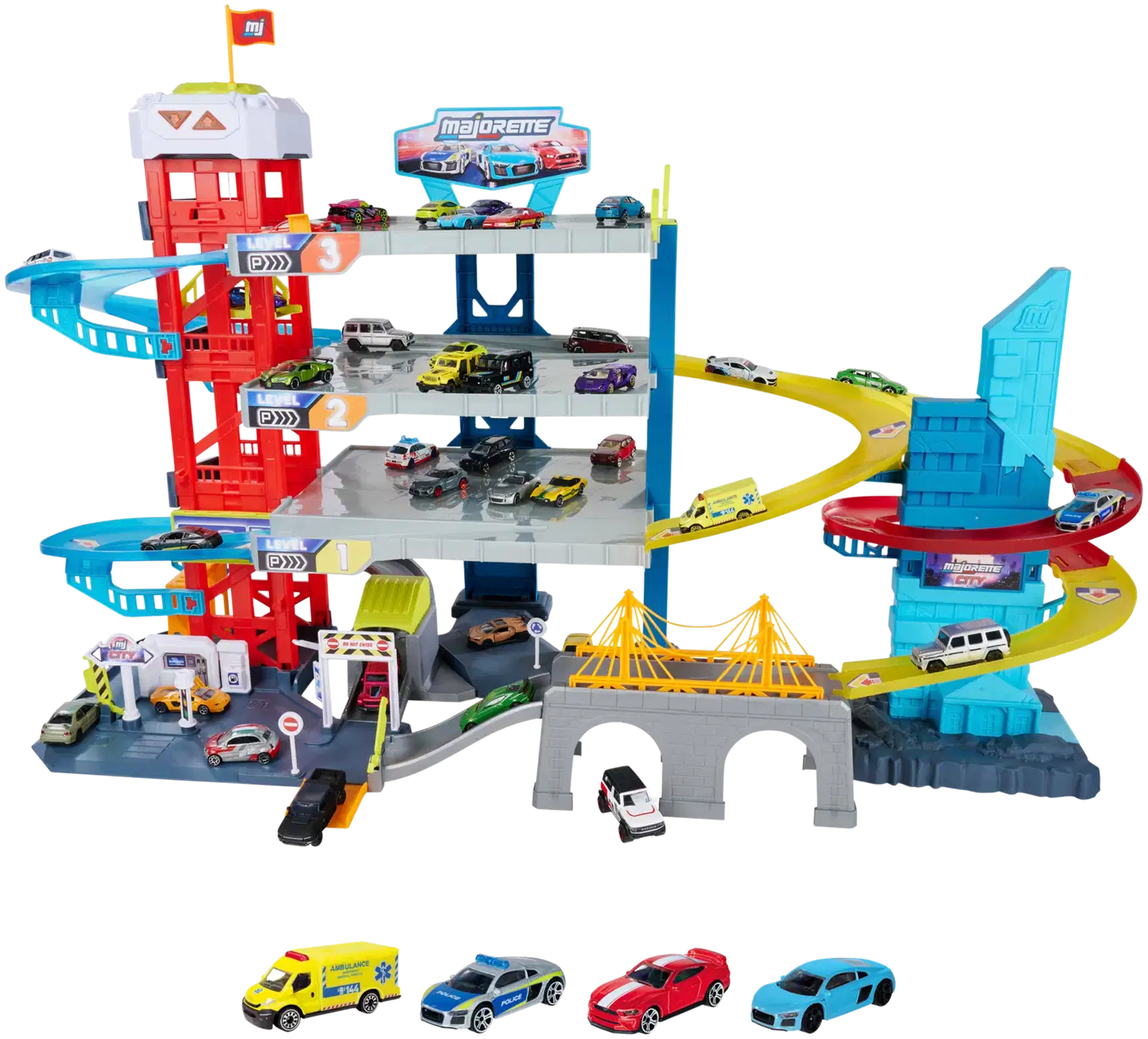 Majorette - Double Track Garage, nelikerroksinen autotalli ja 4 autoa, 7,5 cm, die-cast, moottoroitu hissi - 2