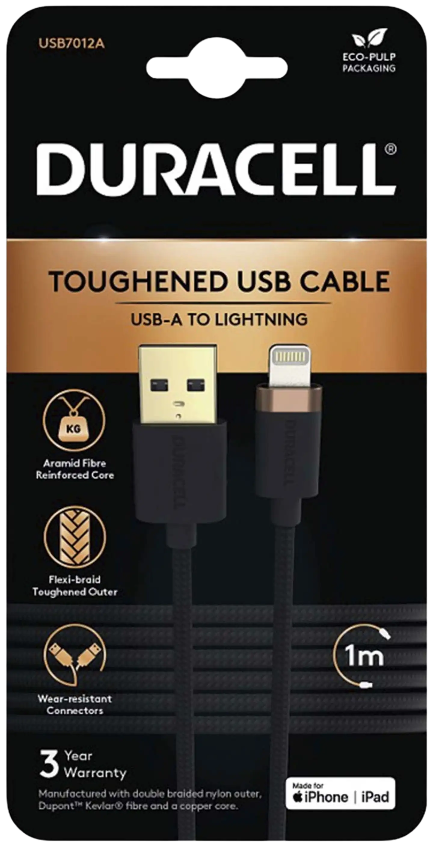 Duracell Punottu kaapeli USB-A/Lightning 1m musta - 1